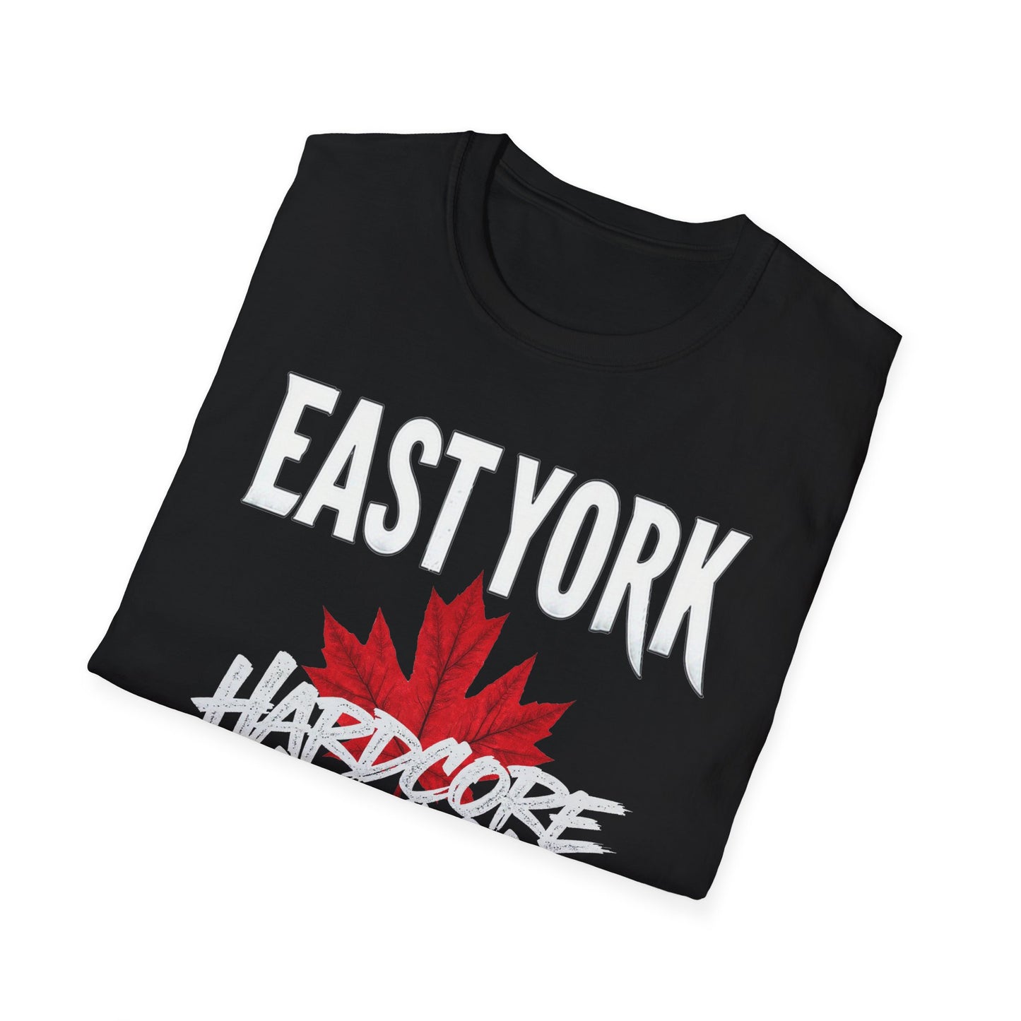 East York Hardcore We Support Our Own Red Leaf T-Shirt, c06-n02-s006 Softstyle Graphic Tee, Unisex Casual Wear, Support'n Locals Merch, Gift for Community Lovers.
