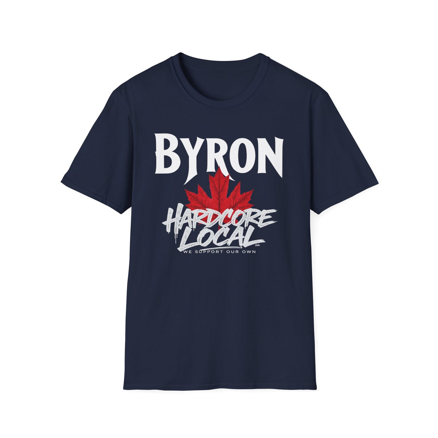 Byron Hardcore We Support Our Own Red Leaf T-Shirt, c02-n02-s006 Softstyle Graphic Tee, Unisex Casual Wear, Support'n Locals Merch, Gift for Community Lovers.
