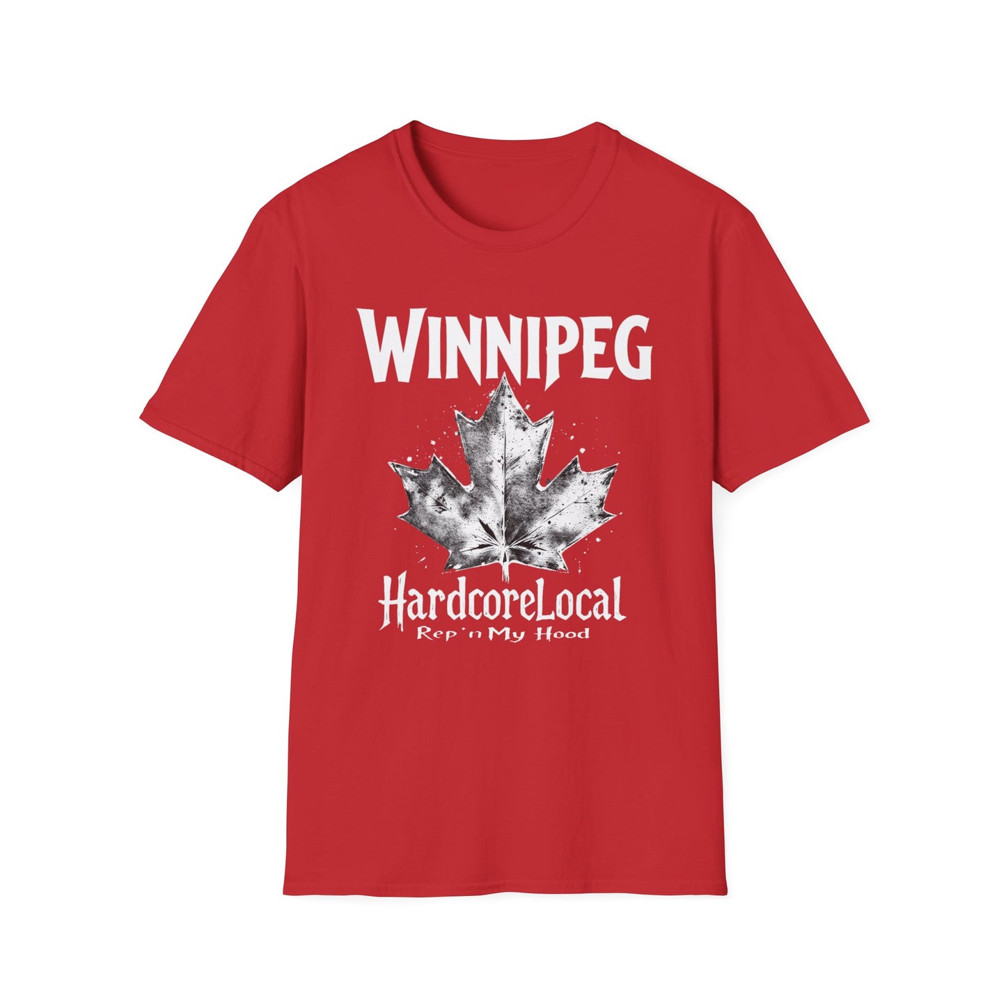 Winnipeg Hardcore Rep'n White Leaf T-Shirt, c009-n00-s007 Softstyle Graphic Tee, Unisex Casual Wear, Support'n Locals Merch, Gift for Community Lovers.