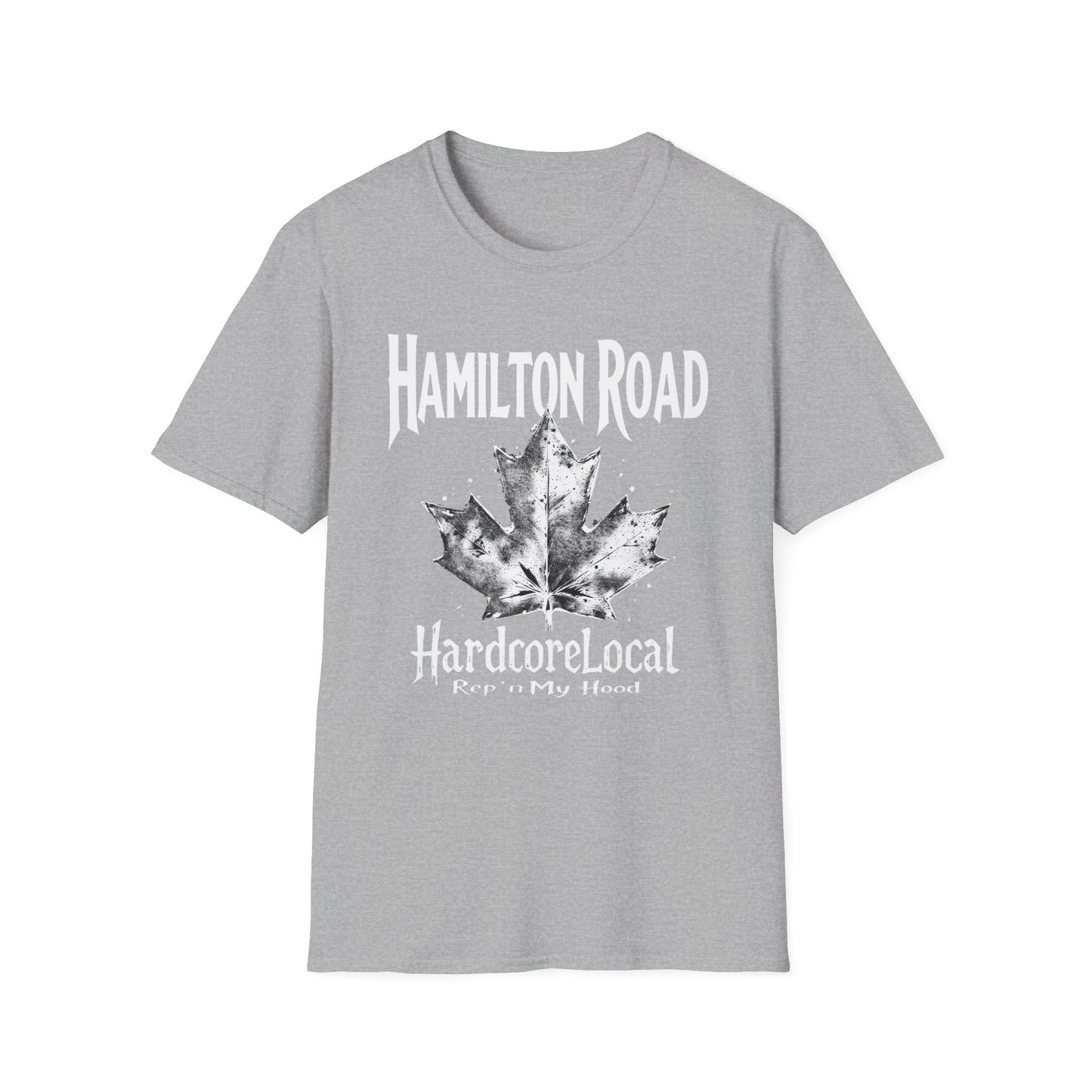 Hamilton Road Hardcore Rep'n White Leaf T-Shirt, c02-n04-s007 Softstyle Graphic Tee, Unisex Casual Wear, Support'n Locals Merch, Gift for Community Lovers.