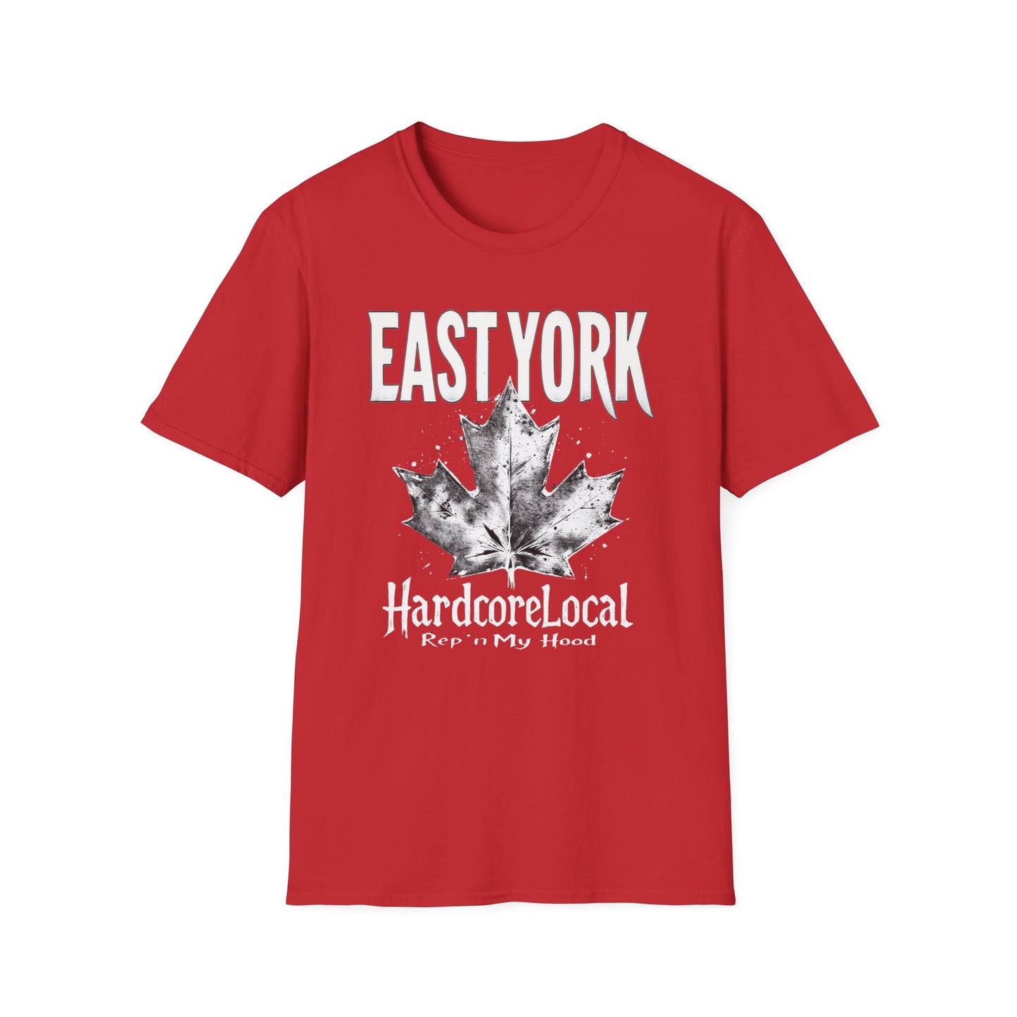 East York Hardcore Rep'n White Leaf T-Shirt, c06-n02-s007 Softstyle Graphic Tee, Unisex Casual Wear, Support'n Locals Merch, Gift for Community Lovers.