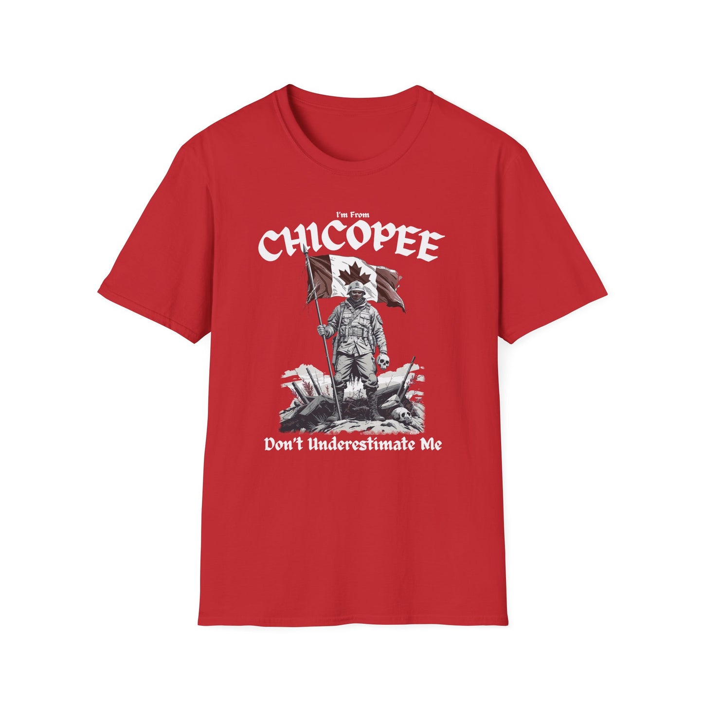 Chicopee Underestimate Guy T-Shirt, c03-n01-s002 Softstyle Graphic Tee, Unisex Casual Wear, Support'n Locals Merch, Gift for Community Lovers.