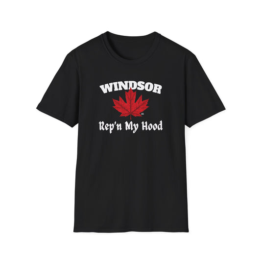 WINDSOR Top Rep'n My Hood Red Leaf T-Shirt, Softstyle Graphic Tee, Unisex Casual Wear, Support Local Merch, Gift for Community Lovers, Finkz
