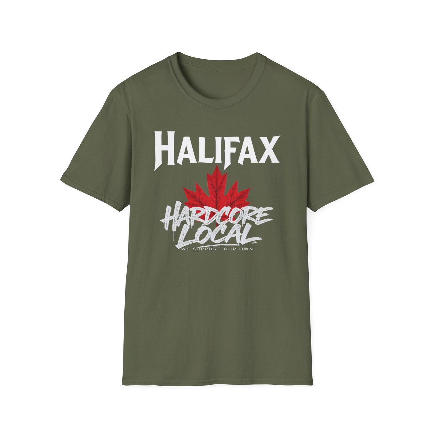 Halifax Hardcore We Support Our Own Red Leaf T-Shirt, c08-n00-s006 Softstyle Graphic Tee, Unisex Casual Wear, Support'n Locals Merch, Gift for Community Lovers.