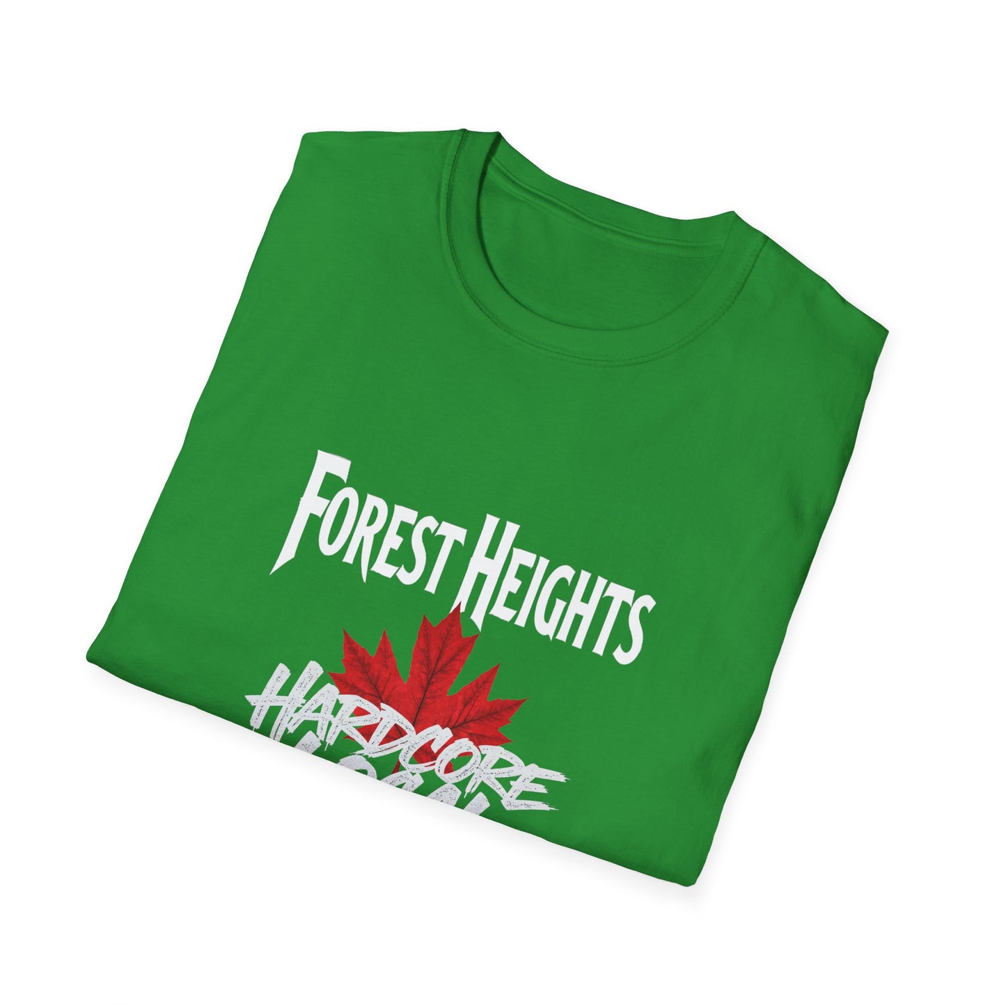 Forest Heights Hardcore We Support Our Own Red Leaf T-Shirt, c03-n03-s006 Softstyle Graphic Tee, Unisex Casual Wear, Support'n Locals Merch, Gift for Community Lovers.