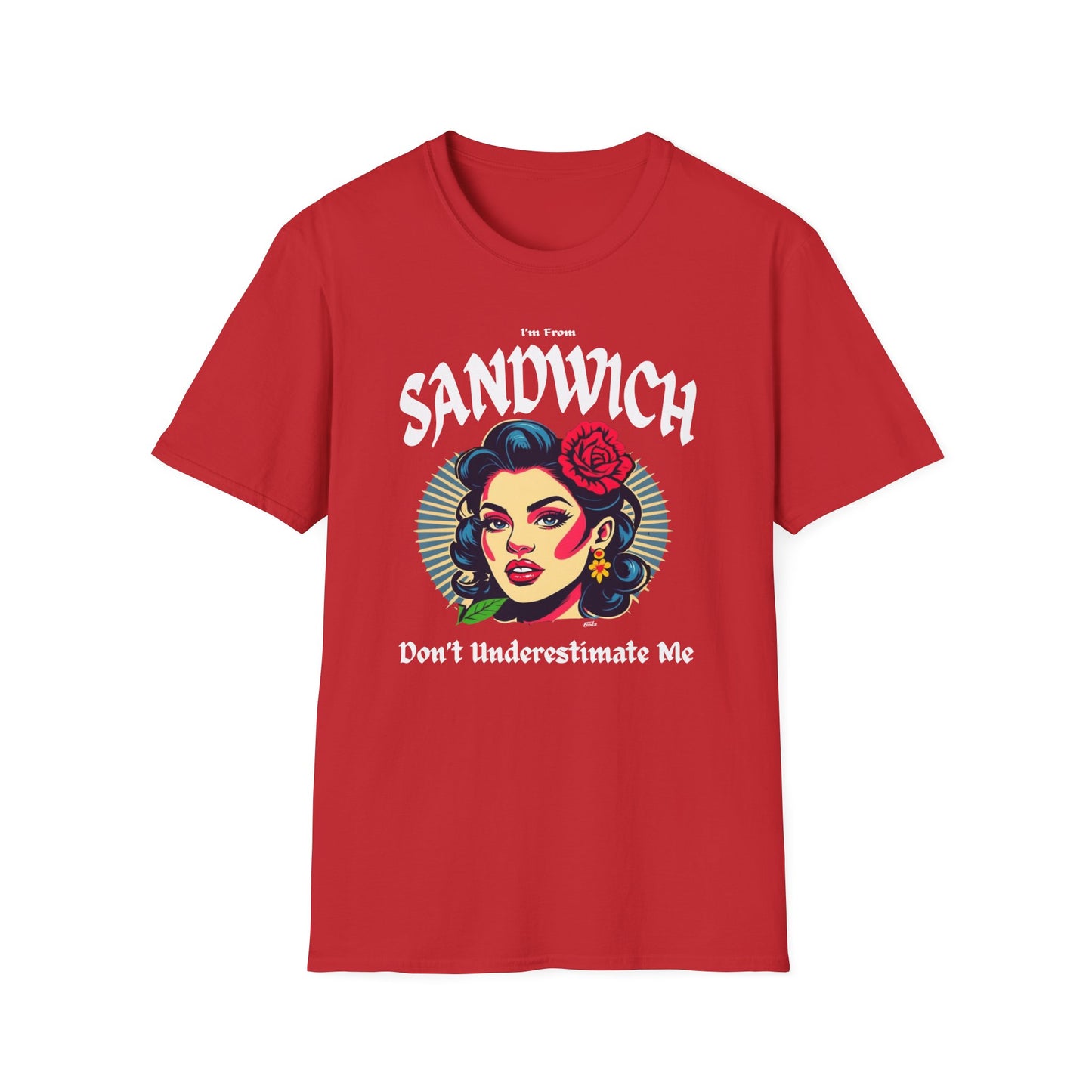 Sandwich Underestimate Gal T-Shirt, c01-n13-s001 Softstyle Graphic Tee, Unisex Casual Wear, Support'n Locals Merch, Gift for Community Lovers.