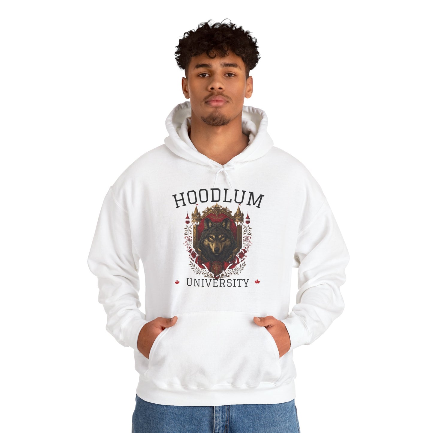 Hoodlum University White Cozy Hoodie Wolf | Unisex Sweatshirt for Nature Lovers, Casual Wear, Gift for Him/Her, Outdoor Adventures, Cozy Days Canada Patriotic