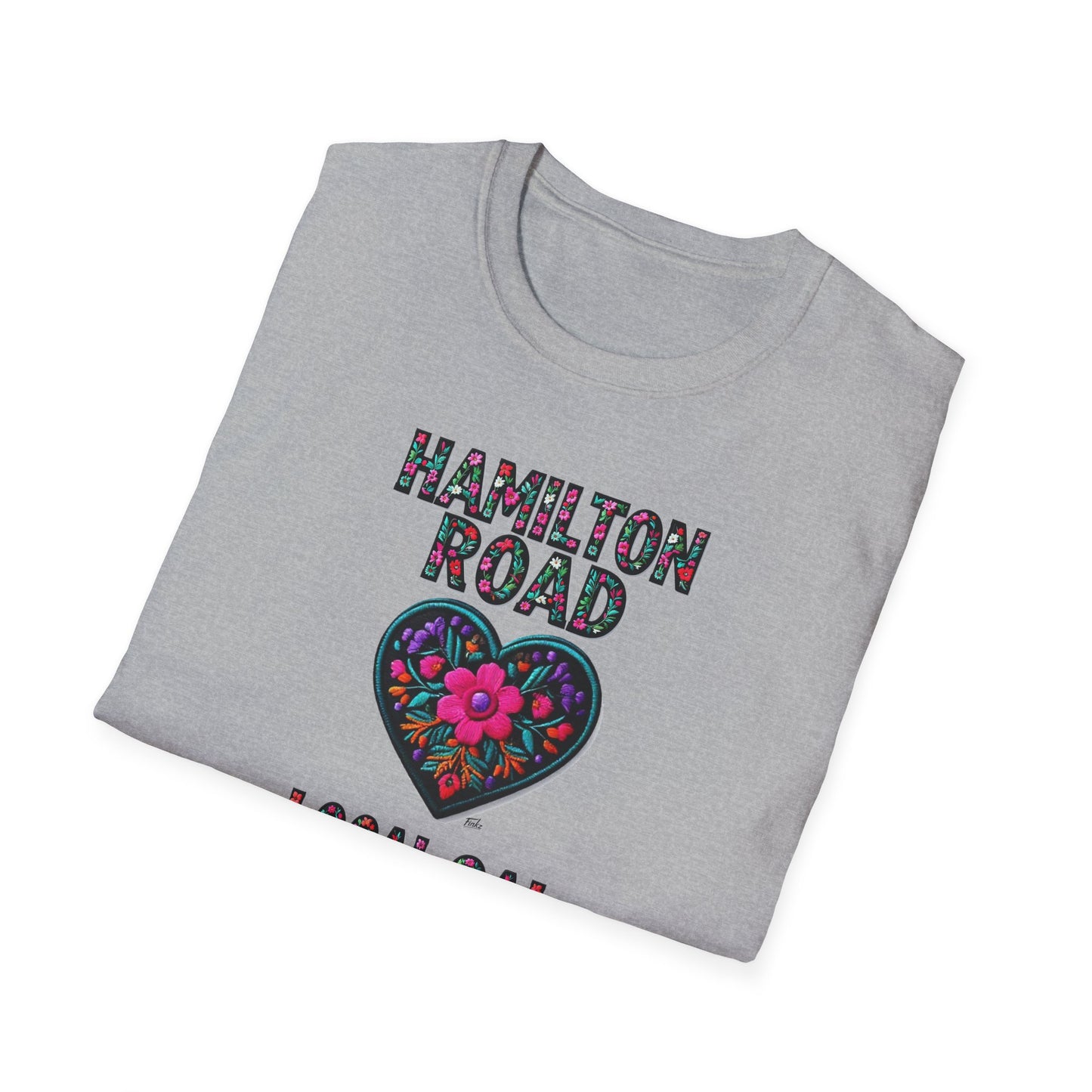 Hamilton Road Local Gal Flower-Heart T-Shirt, c02-n04-s05  Softstyle Graphic Tee, Unisex Casual Wear, Support Local Merch, Gift for Community Lovers, Finkz WINDSOR