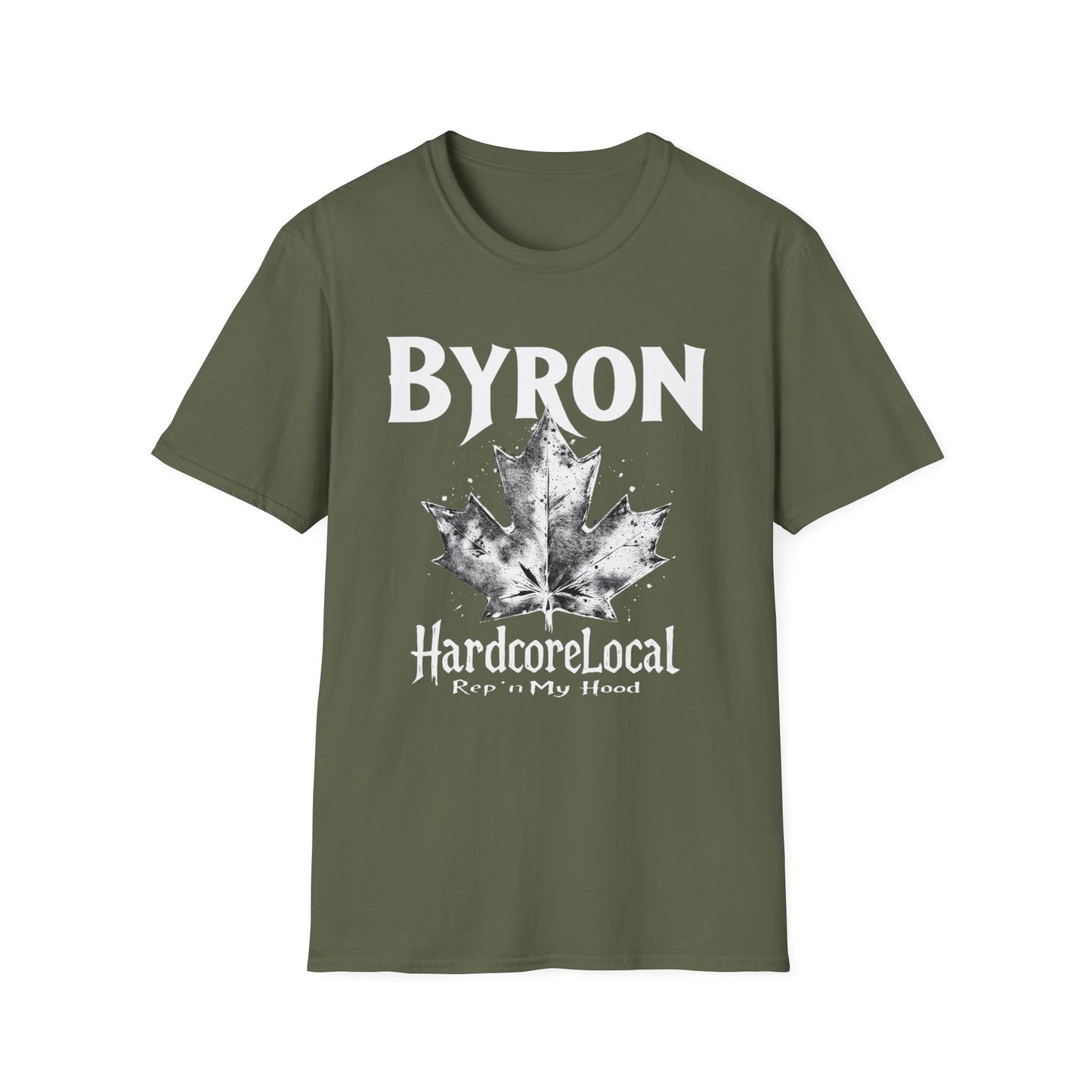 Byron Hardcore Rep'n White Leaf T-Shirt, c02-n02-s007 Softstyle Graphic Tee, Unisex Casual Wear, Support'n Locals Merch, Gift for Community Lovers.