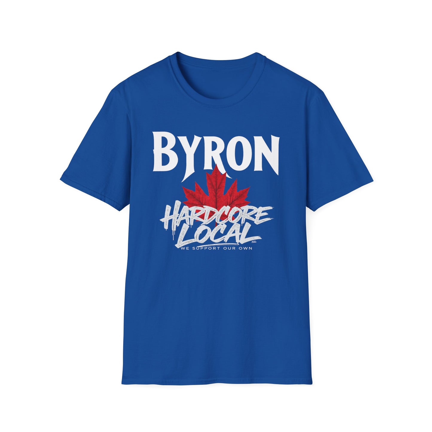 Byron Hardcore We Support Our Own Red Leaf T-Shirt, c02-n02-s006 Softstyle Graphic Tee, Unisex Casual Wear, Support'n Locals Merch, Gift for Community Lovers.