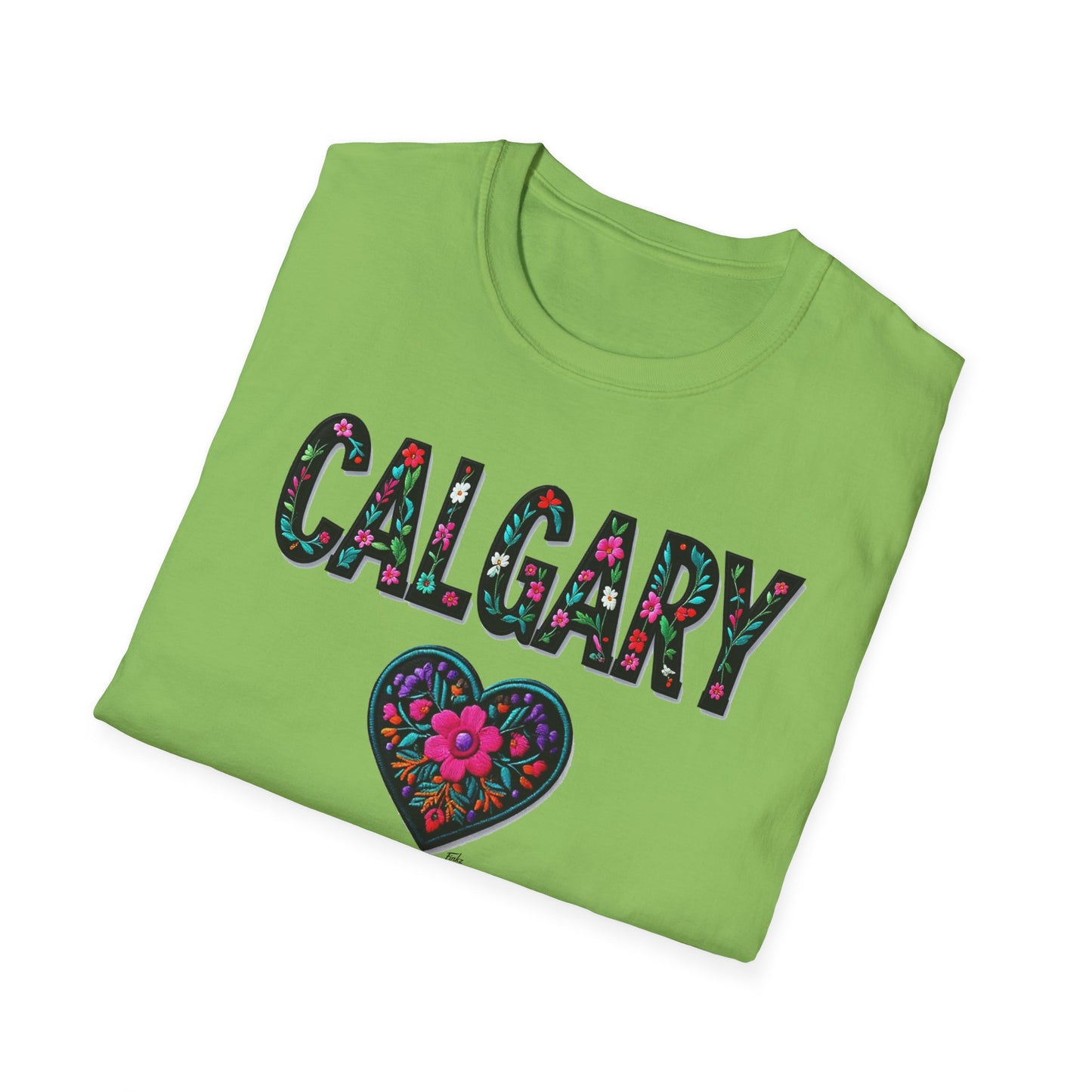 Calgary Local Gal Flower-Heart T-Shirt, c011-n00-s005 Softstyle Graphic Tee, Unisex Casual Wear, Support Local Merch, Gift for Community Lovers, Finkz
