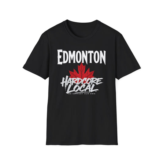 Edmonton Hardcore We Support Our Own Red Leaf T-Shirt, c12-n00-s006 Softstyle Graphic Tee, Unisex Casual Wear, Support'n Locals Merch, Gift for Community Lovers.