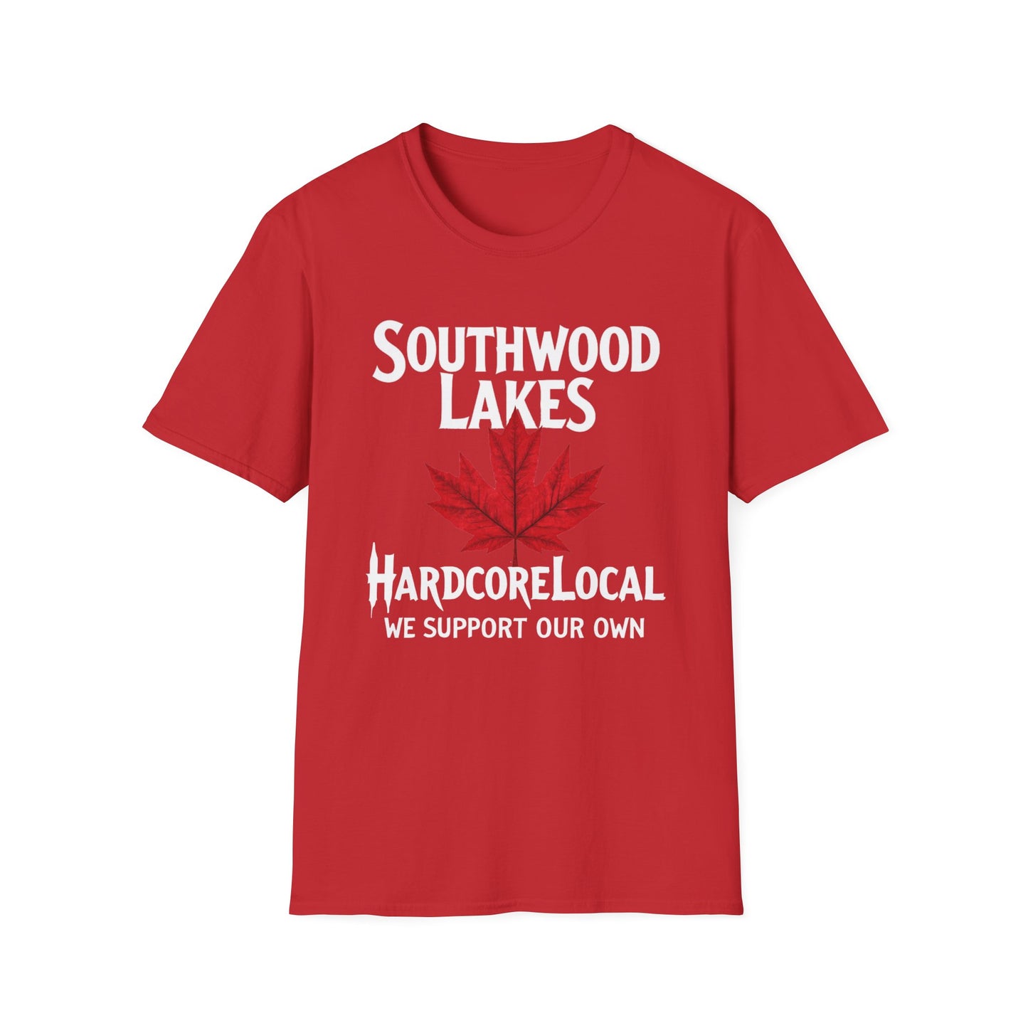 Southwood Lakes Hardcore Local Red Leaf, We Support Our Own, 1 T-Shirt, Softstyle Graphic Tee, Unisex Casual Wear, Support Local Merch, Gift for Community Lovers