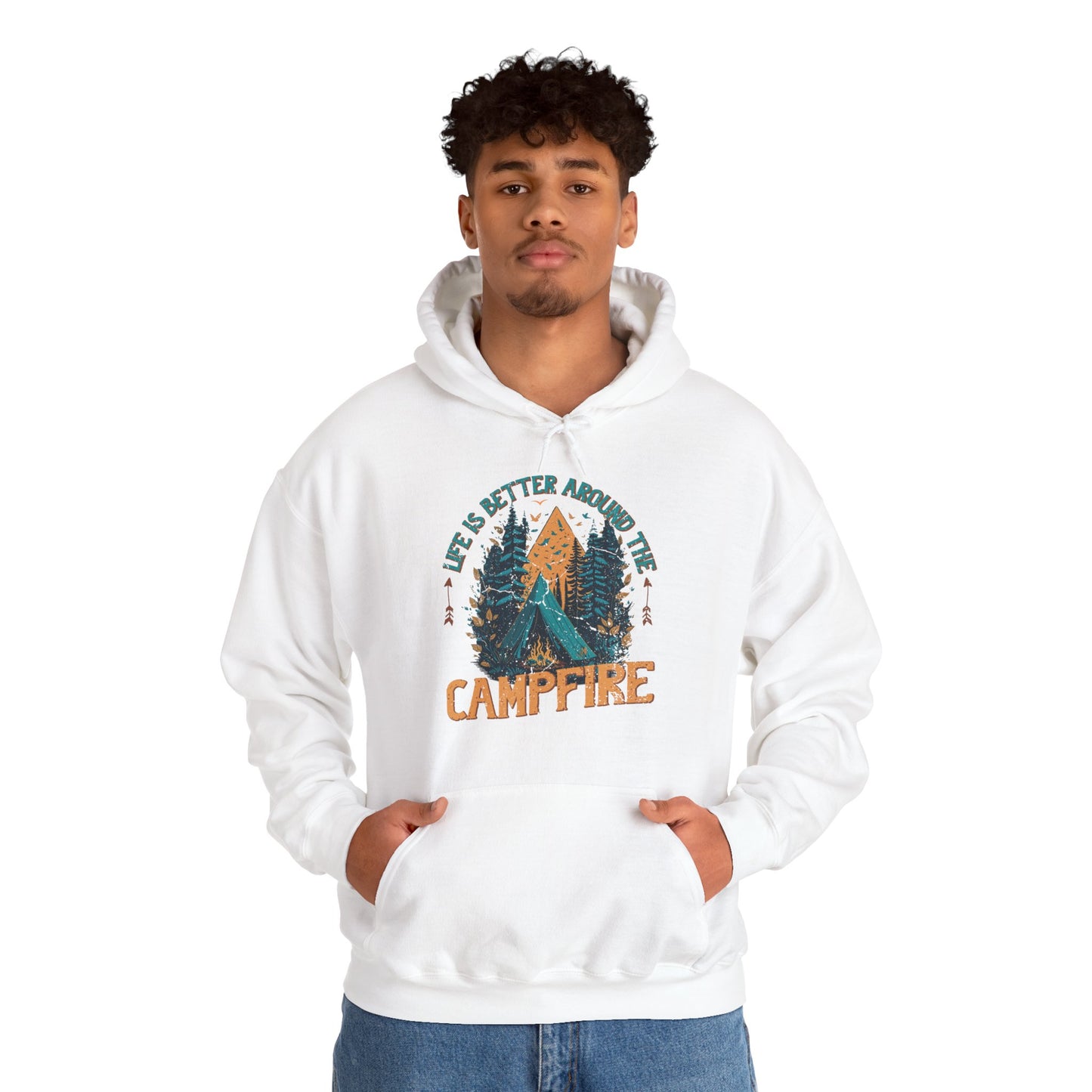 Life Is Better Around The Campfire Hoodie | HappyCamperCrew.Com 100% Authentic | Cozy Camping Hoodie | Unisex Hooded Sweatshirt for Nature Lovers, Casual Wear, Gift for Him/Her, Outdoor Adventures, Cozy Days & Warm Nights by the Campfire