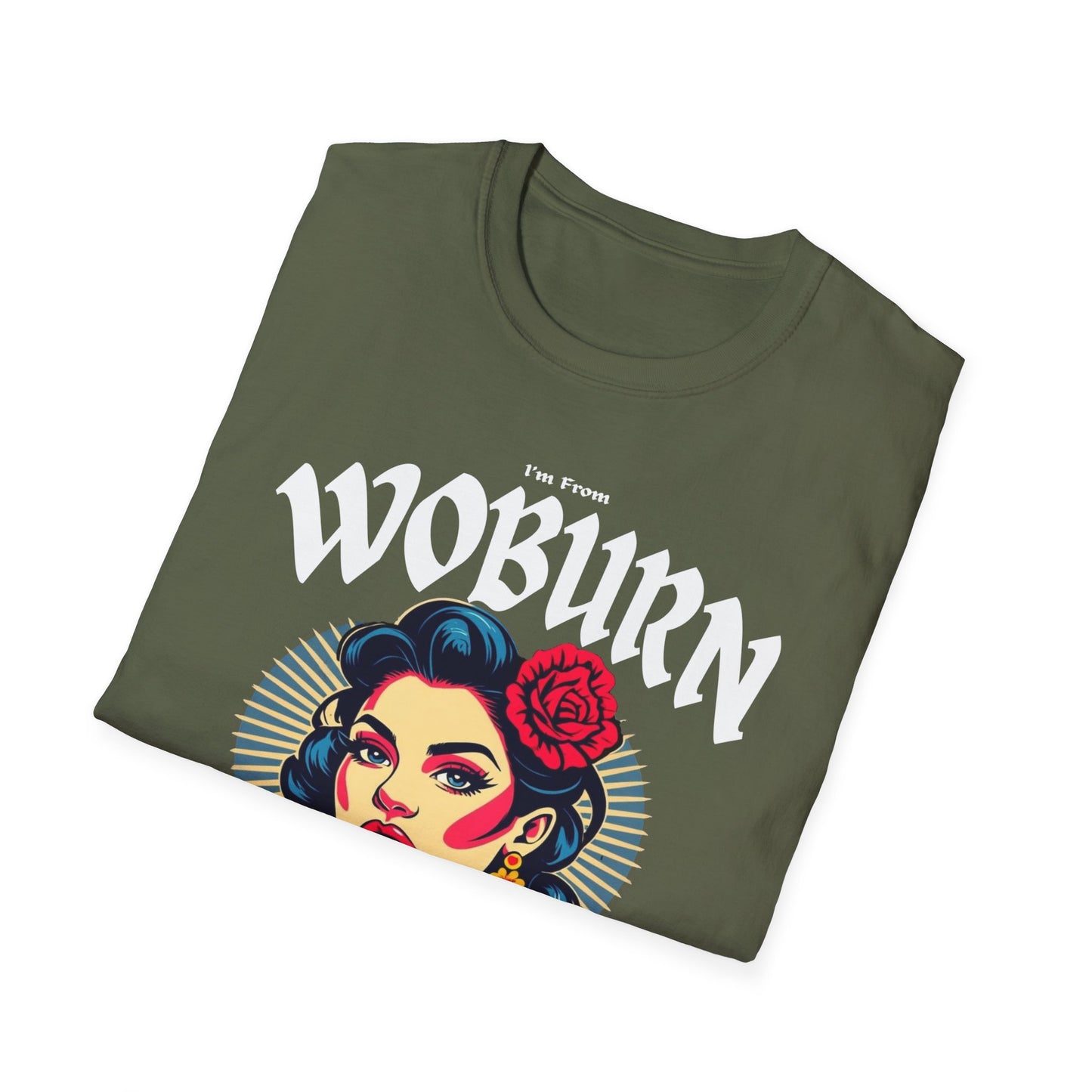 Woburn Underestimate Gal T-Shirt, c06-n06-s001 Softstyle Graphic Tee, Unisex Casual Wear, Support'n Locals Merch, Gift for Community Lovers.
