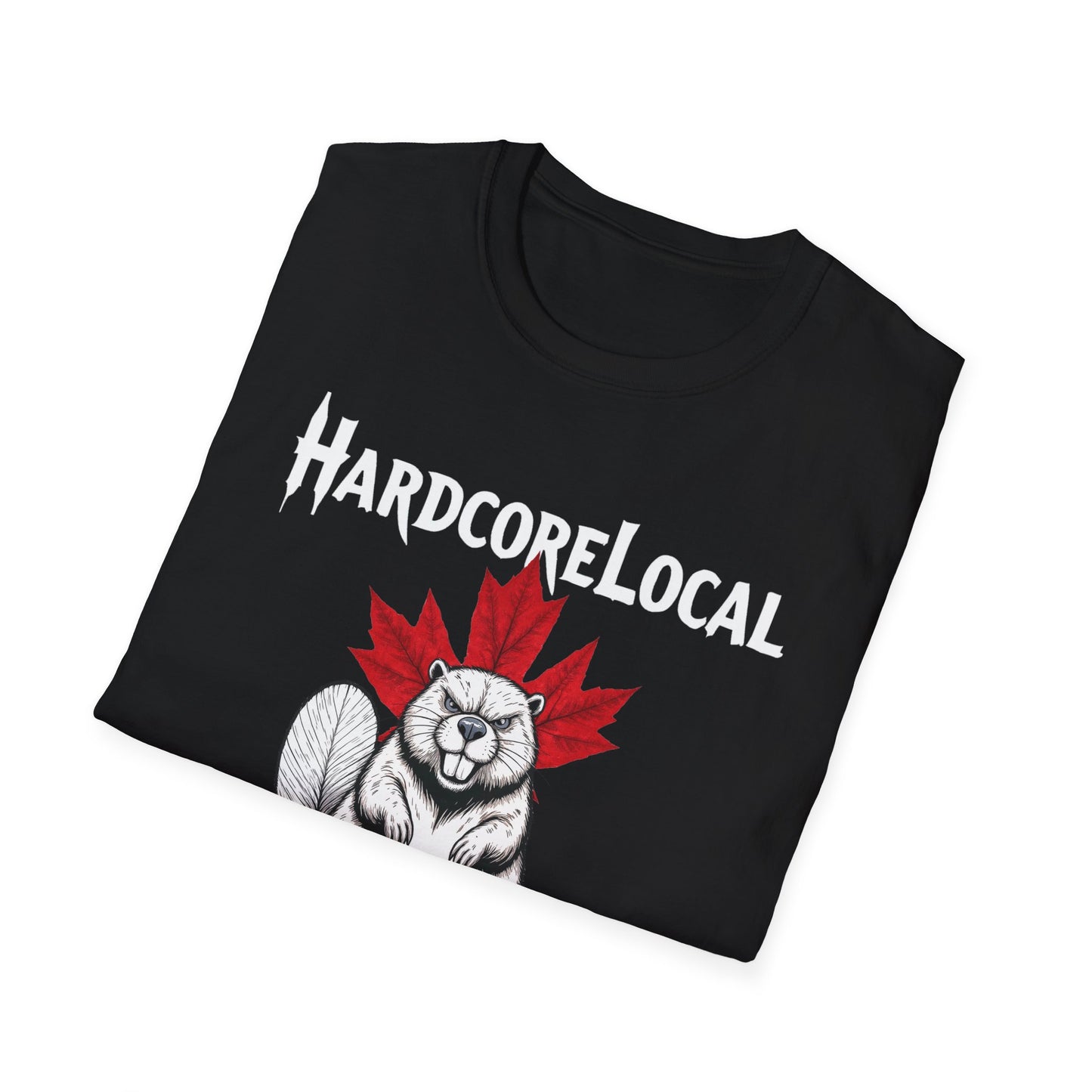 FOREST GLADE +BACK Hardcore Local beaver, red leaf T-Shirt, Softstyle Graphic Tee, Unisex Casual Wear, Support Local Merch, Gift for Community Lovers