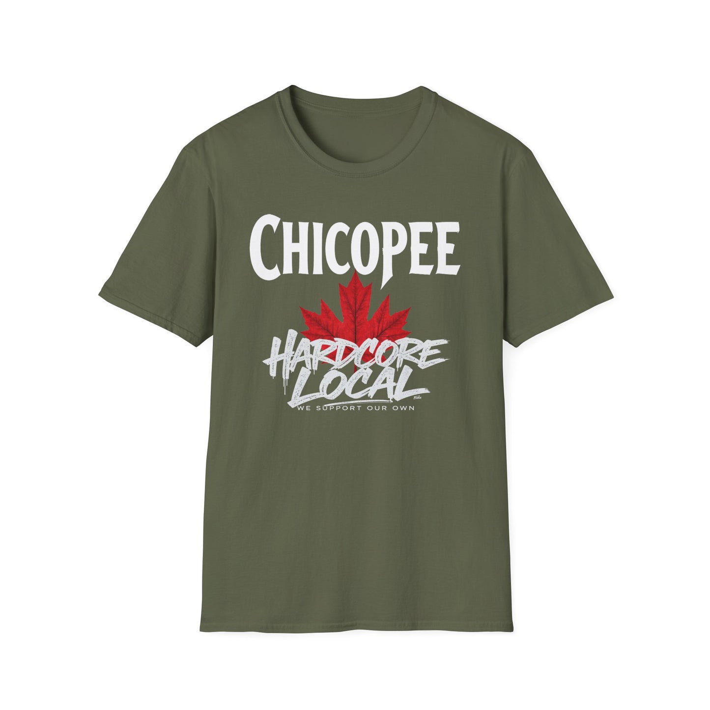 Chicopee Hardcore We Support Our Own Red Leaf T-Shirt, c03-n01-s006 Softstyle Graphic Tee, Unisex Casual Wear, Support'n Locals Merch, Gift for Community Lovers.