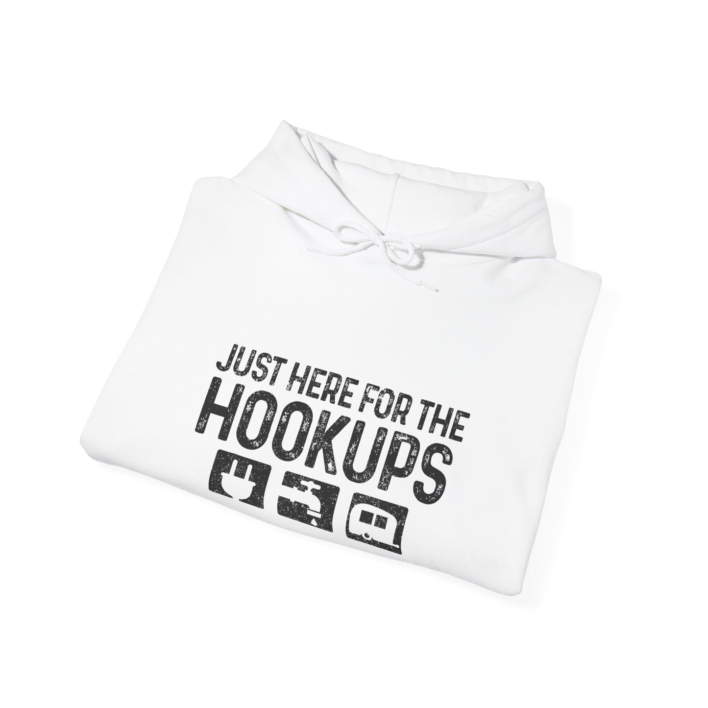 Here For The Hookups Hoodie | HappyCamperCrew.Com 100% Authentic | Cozy Camping Hoodie | Unisex Hooded Sweatshirt for Nature Lovers, Casual Wear, Gift for Him/Her, Outdoor Adventures, Cozy Days & Warm Nights by the Campfire