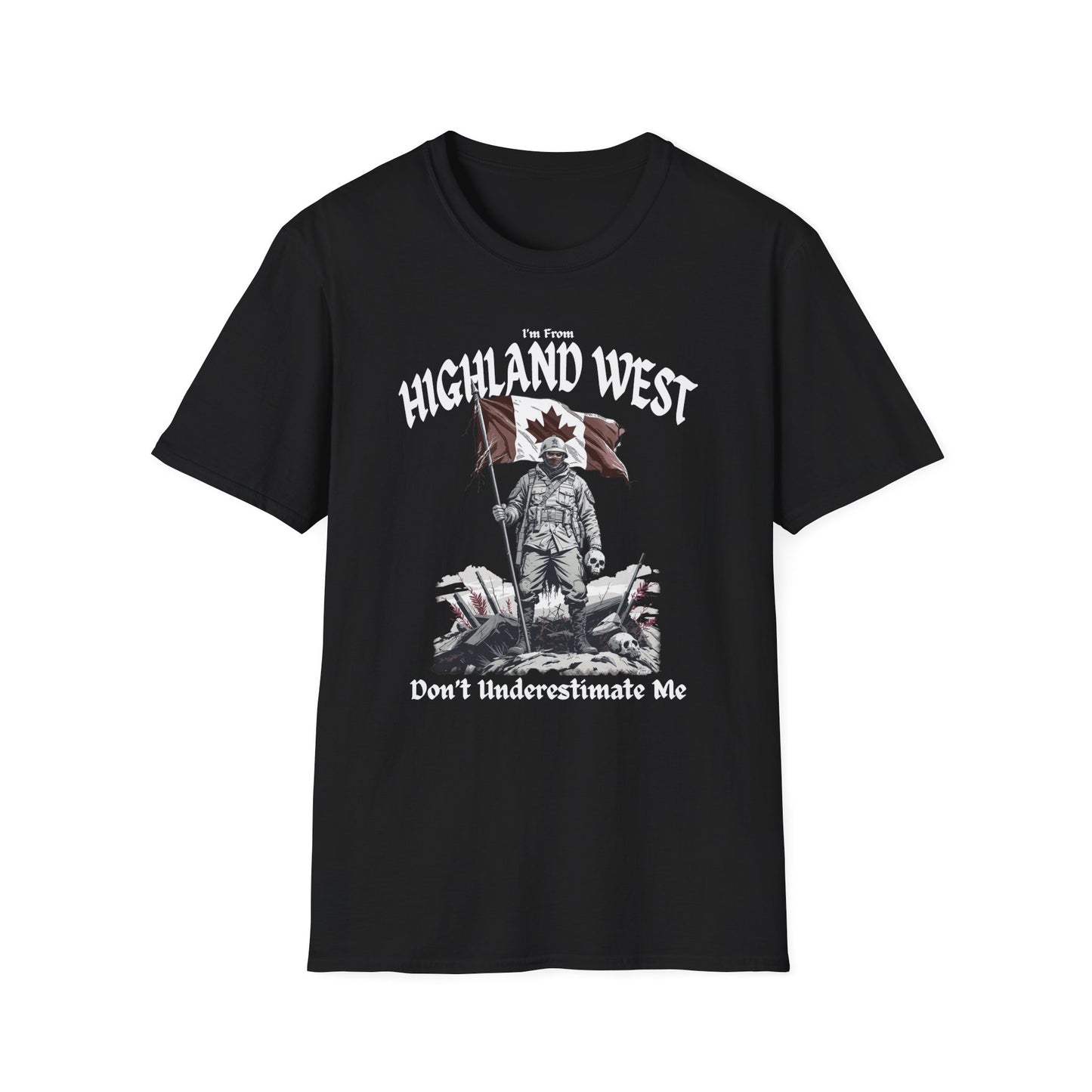 Highland West Underestimate Guy T-Shirt, c03-n05-s002 Softstyle Graphic Tee, Unisex Casual Wear, Support'n Locals Merch, Gift for Community Lovers.