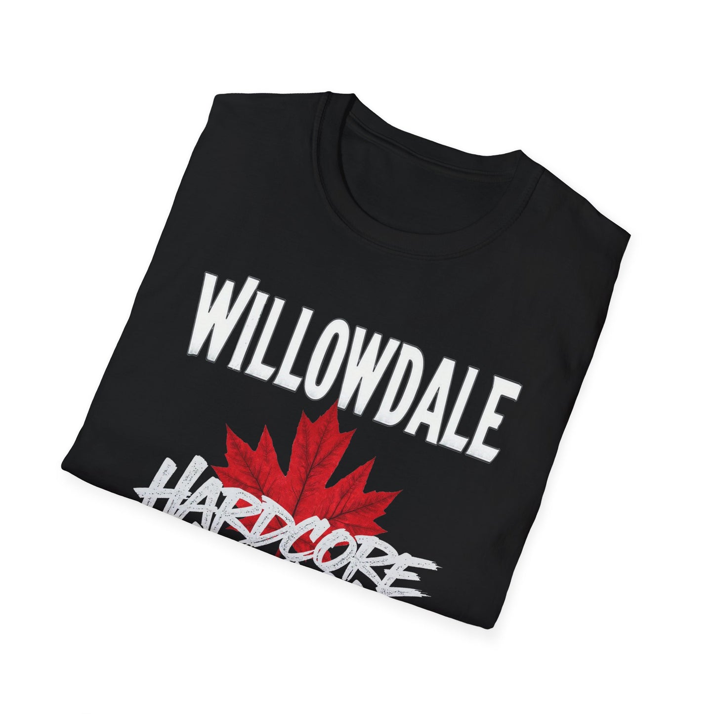 Willowdale Hardcore We Support Our Own Red Leaf T-Shirt, c06-n05-s006 Softstyle Graphic Tee, Unisex Casual Wear, Support'n Locals Merch, Gift for Community Lovers.