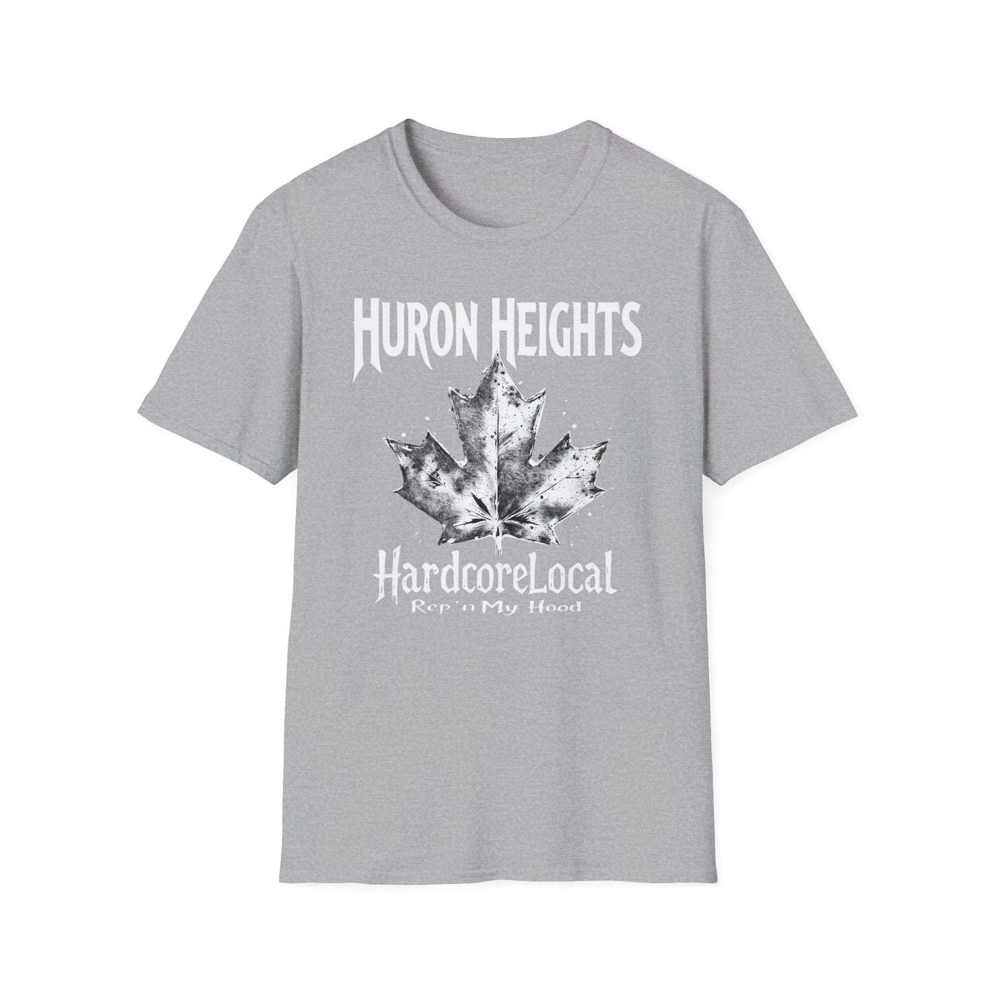 Huron Heights Hardcore Rep'n White Leaf T-Shirt, c002-n06-s007 Softstyle Graphic Tee, Unisex Casual Wear, Support'n Locals Merch, Gift for Community Lovers.