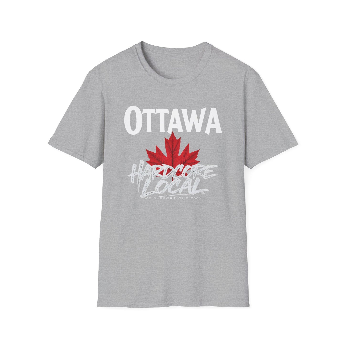 Ottawa Hardcore We Support Our Own Red Leaf T-Shirt, c07-n00-s006 Softstyle Graphic Tee, Unisex Casual Wear, Support'n Locals Merch, Gift for Community Lovers.