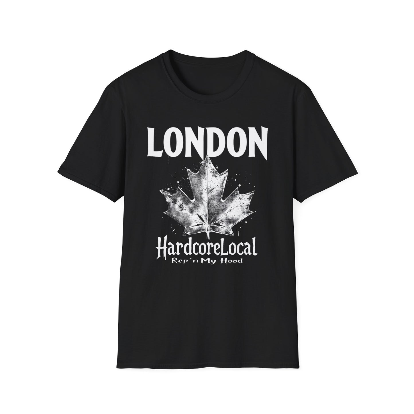 London Hardcore Rep'n White Leaf T-Shirt, c002-n00-s007 Softstyle Graphic Tee, Unisex Casual Wear, Support'n Locals Merch, Gift for Community Lovers.