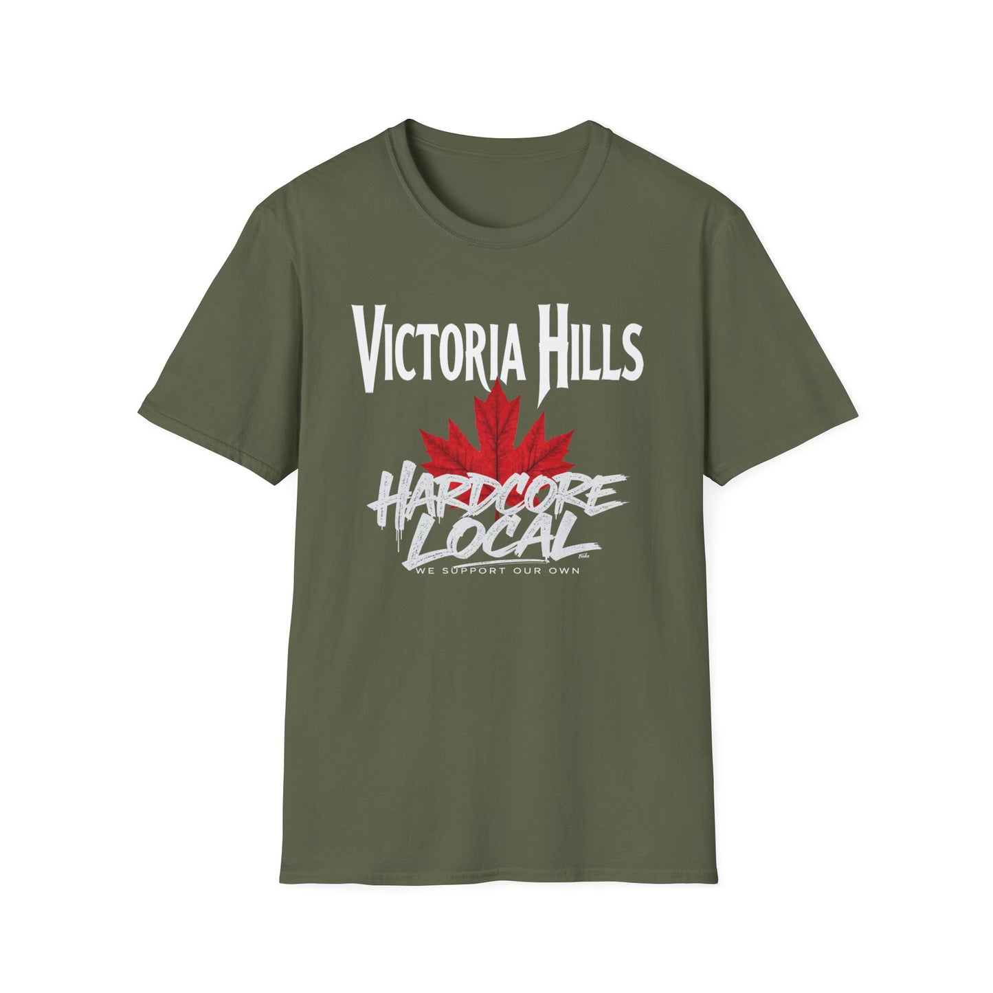 Victoria Hills Hardcore We Support Our Own Red Leaf T-Shirt, c03-n10-s006 Softstyle Graphic Tee, Unisex Casual Wear, Support'n Locals Merch, Gift for Community Lovers.