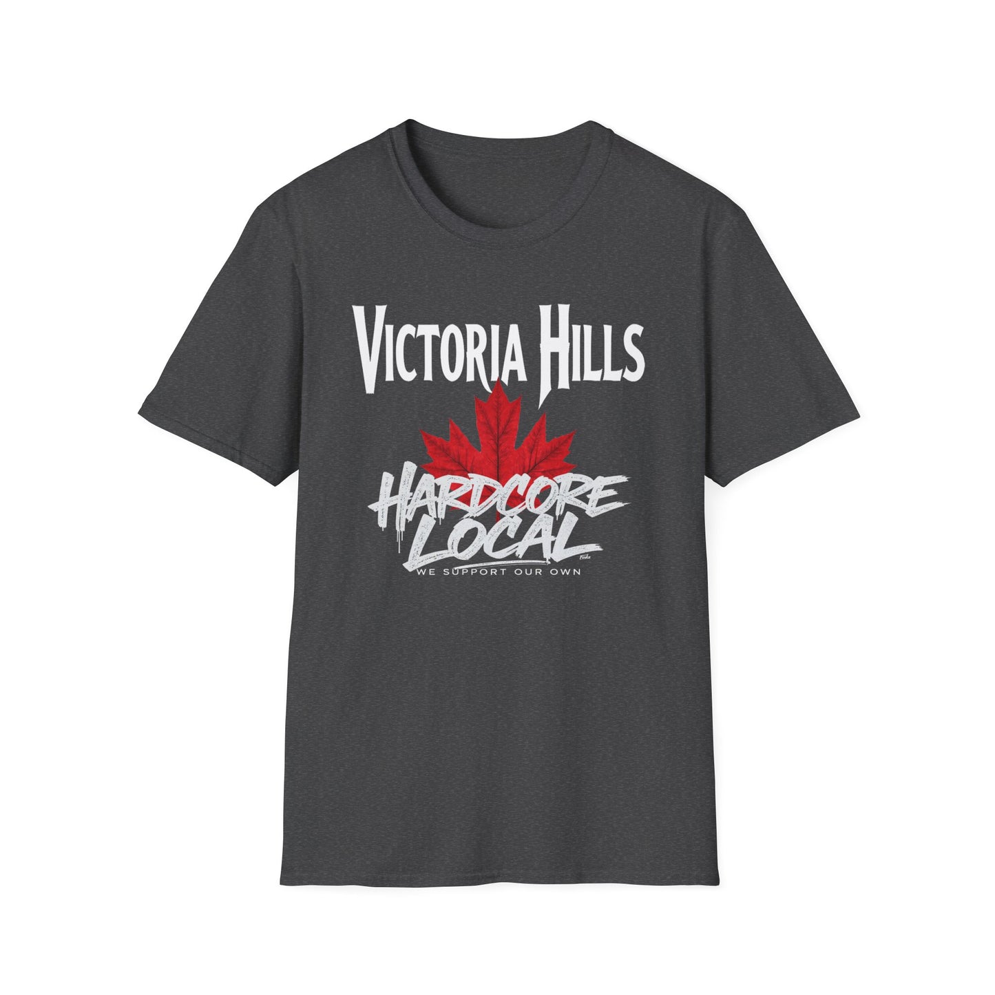 Victoria Hills Hardcore We Support Our Own Red Leaf T-Shirt, c03-n10-s006 Softstyle Graphic Tee, Unisex Casual Wear, Support'n Locals Merch, Gift for Community Lovers.