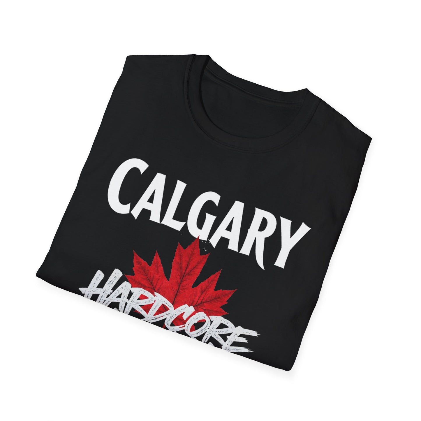 Calgary Hardcore We Support Our Own Red Leaf T-Shirt, c11-n00-s006 Softstyle Graphic Tee, Unisex Casual Wear, Support'n Locals Merch, Gift for Community Lovers.