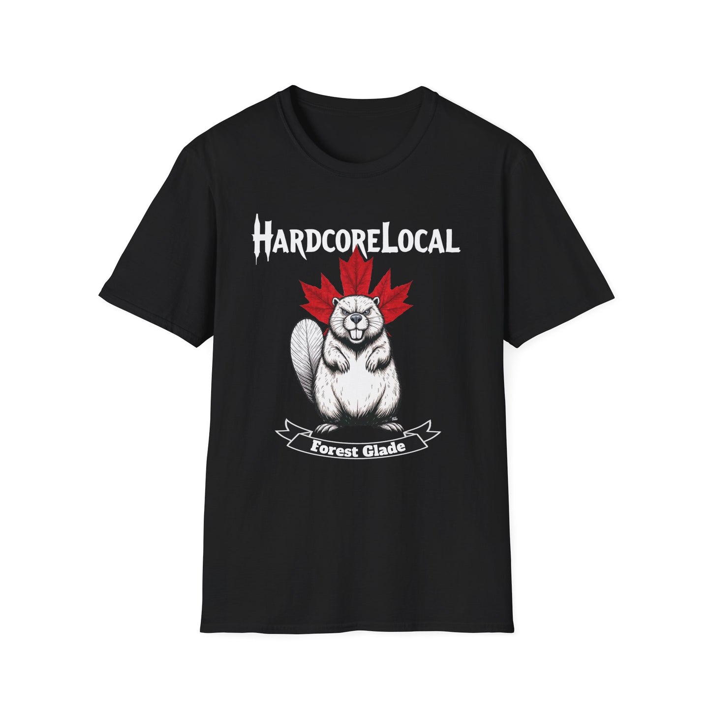 FOREST GLADE +BACK Hardcore Local beaver, red leaf T-Shirt, Softstyle Graphic Tee, Unisex Casual Wear, Support Local Merch, Gift for Community Lovers