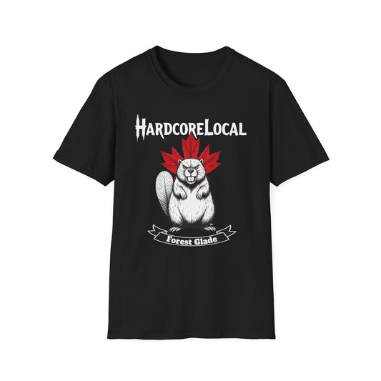 FOREST GLADE +BACK Hardcore Local beaver, red leaf T-Shirt, Softstyle Graphic Tee, Unisex Casual Wear, Support Local Merch, Gift for Community Lovers