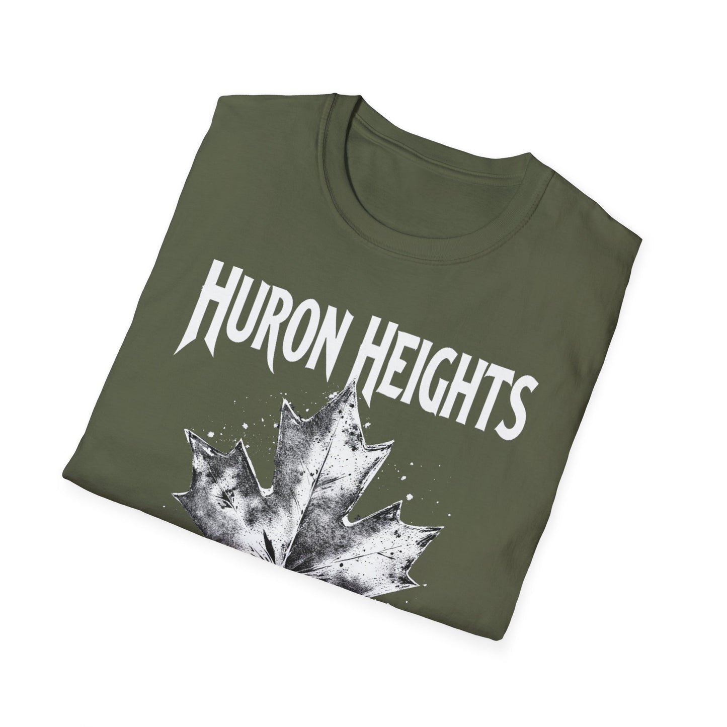 Huron Heights Hardcore Rep'n White Leaf T-Shirt, c002-n06-s007 Softstyle Graphic Tee, Unisex Casual Wear, Support'n Locals Merch, Gift for Community Lovers.