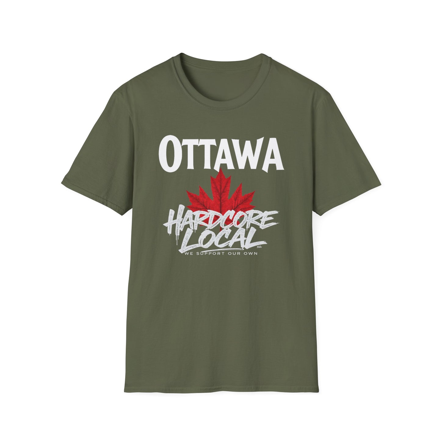 Ottawa Hardcore We Support Our Own Red Leaf T-Shirt, c07-n00-s006 Softstyle Graphic Tee, Unisex Casual Wear, Support'n Locals Merch, Gift for Community Lovers.