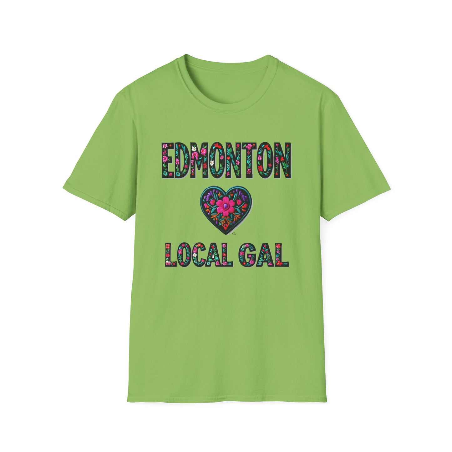 Edmonton Local Gal Flower-Heart T-Shirt, c012-n00-s005 Softstyle Graphic Tee, Unisex Casual Wear, Support Local Merch, Gift for Community Lovers, Finkz
