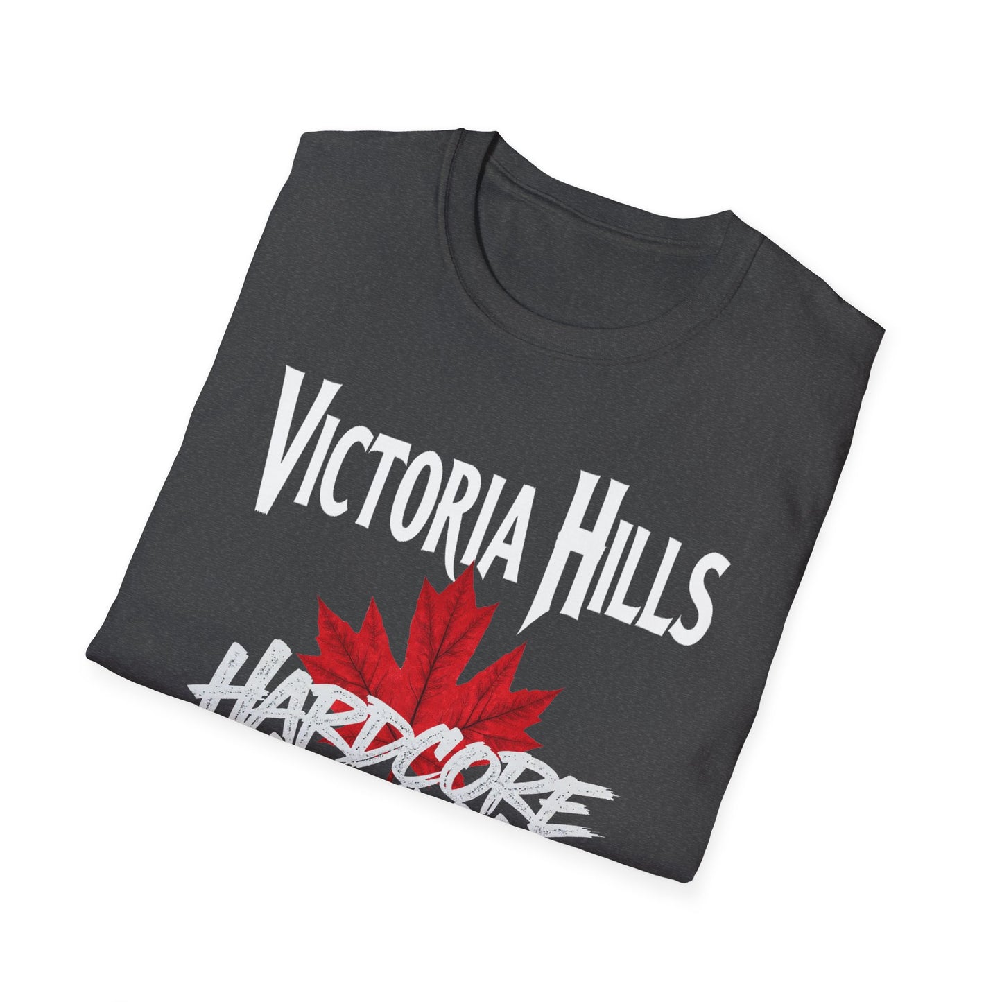 Victoria Hills Hardcore We Support Our Own Red Leaf T-Shirt, c03-n10-s006 Softstyle Graphic Tee, Unisex Casual Wear, Support'n Locals Merch, Gift for Community Lovers.