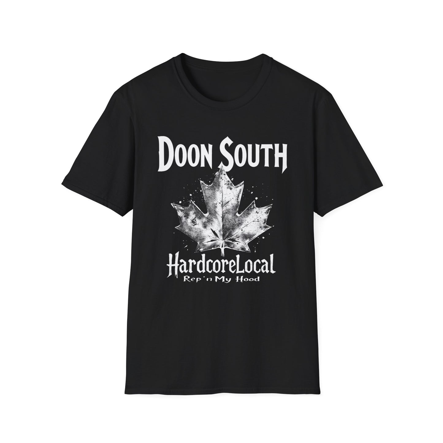 Doon South Hardcore Rep'n White Leaf T-Shirt, c03-n02-s007 Softstyle Graphic Tee, Unisex Casual Wear, Support'n Locals Merch, Gift for Community Lovers.