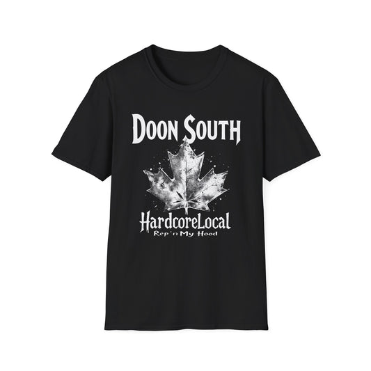 Doon South Hardcore Rep'n White Leaf T-Shirt, c03-n02-s007 Softstyle Graphic Tee, Unisex Casual Wear, Support'n Locals Merch, Gift for Community Lovers.