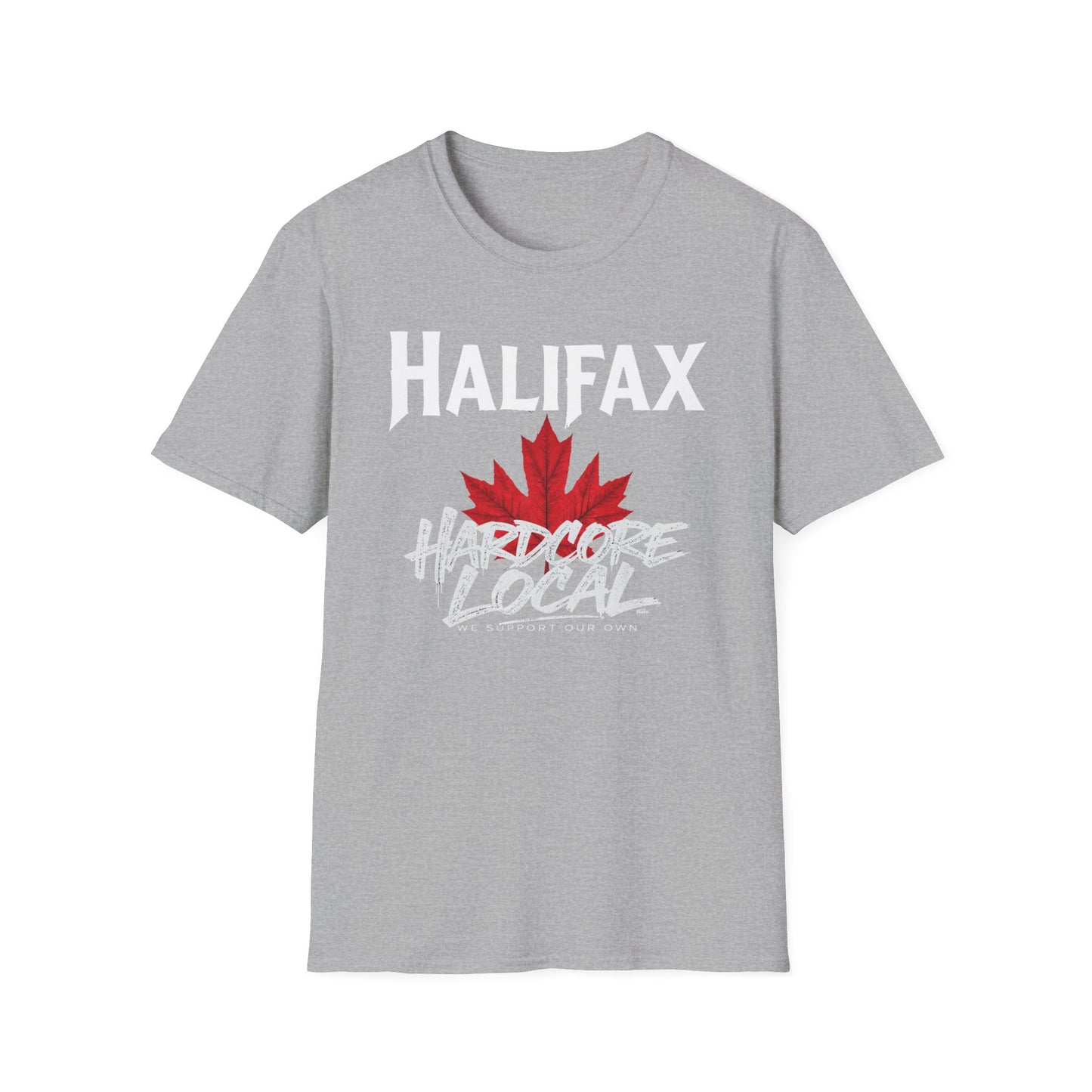 Halifax Hardcore We Support Our Own Red Leaf T-Shirt, c08-n00-s006 Softstyle Graphic Tee, Unisex Casual Wear, Support'n Locals Merch, Gift for Community Lovers.