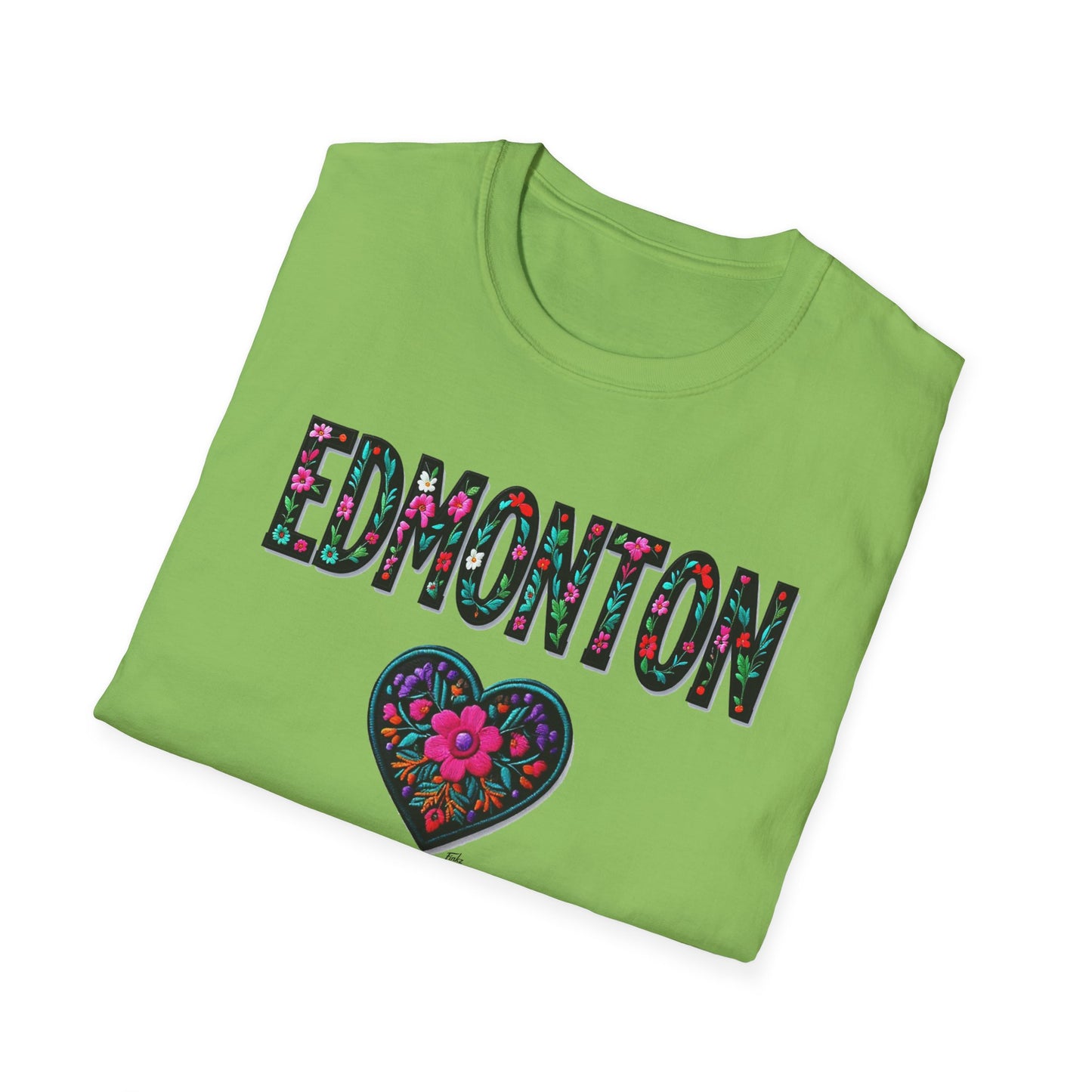 Edmonton Local Gal Flower-Heart T-Shirt, c012-n00-s005 Softstyle Graphic Tee, Unisex Casual Wear, Support Local Merch, Gift for Community Lovers, Finkz