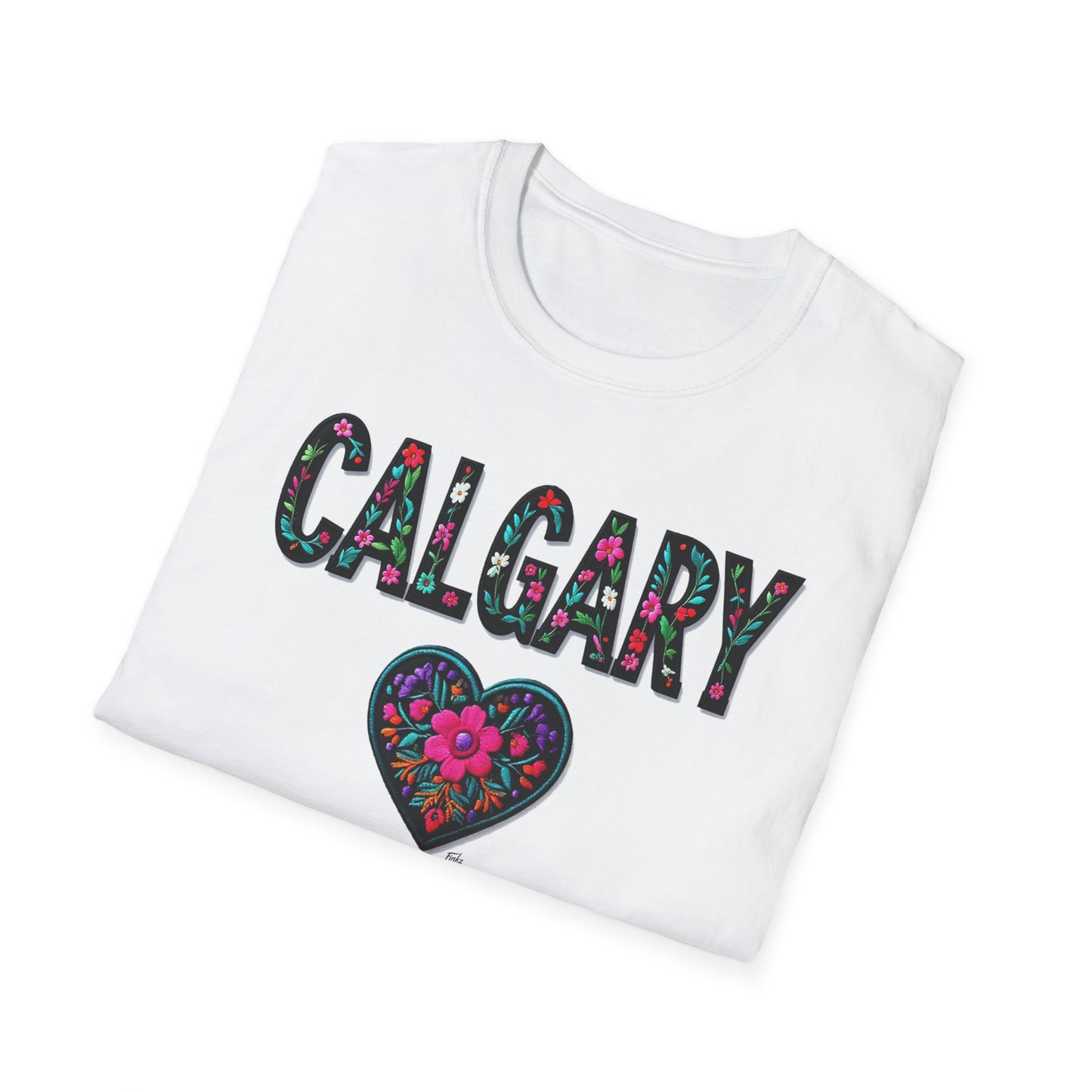 Calgary Local Gal Flower-Heart T-Shirt, c011-n00-s005 Softstyle Graphic Tee, Unisex Casual Wear, Support Local Merch, Gift for Community Lovers, Finkz