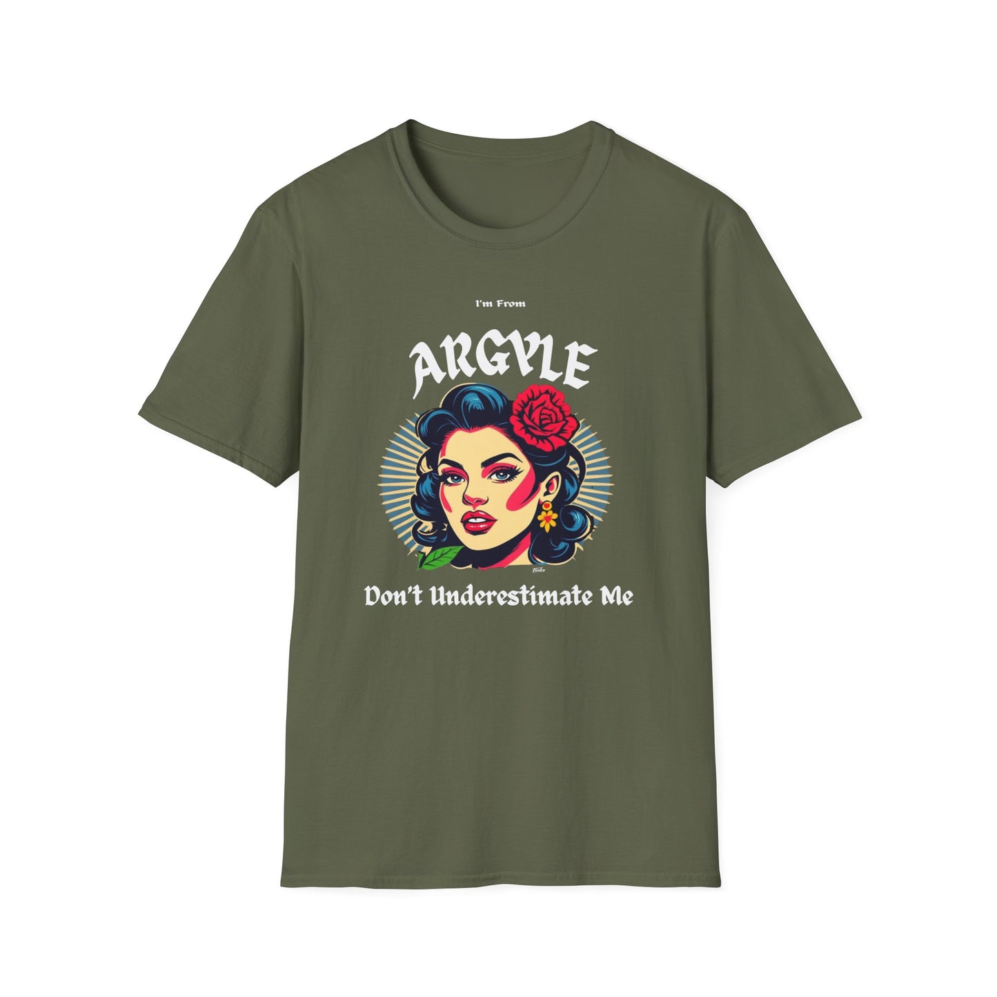 Argyle Underestimate Gal T-Shirt, c02-n01-s001 Softstyle Graphic Tee, Unisex Casual Wear, Support'n Locals Merch, Gift for Community Lovers.