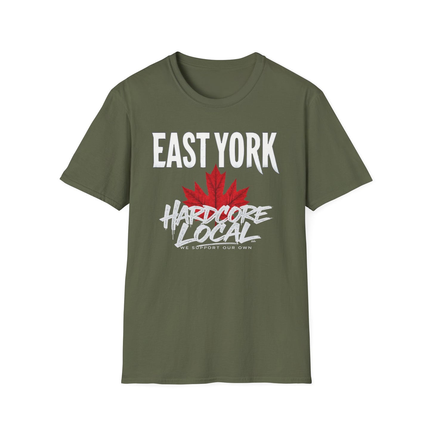East York Hardcore We Support Our Own Red Leaf T-Shirt, c06-n02-s006 Softstyle Graphic Tee, Unisex Casual Wear, Support'n Locals Merch, Gift for Community Lovers.