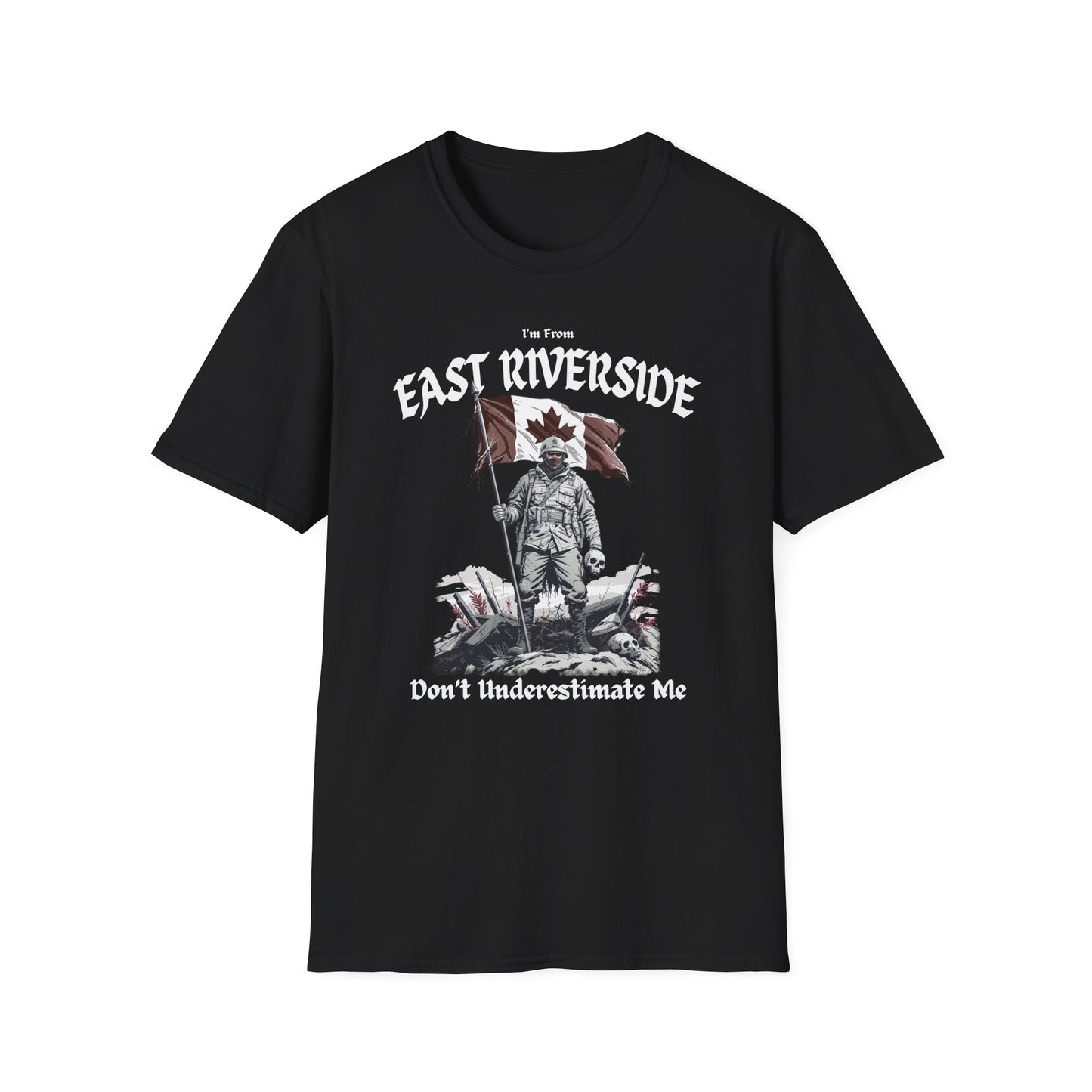 East Riverside Underestimate Guy T-Shirt, c01-n06-s002 Softstyle Graphic Tee, Unisex Casual Wear, Support'n Locals Merch, Gift for Community Lovers.