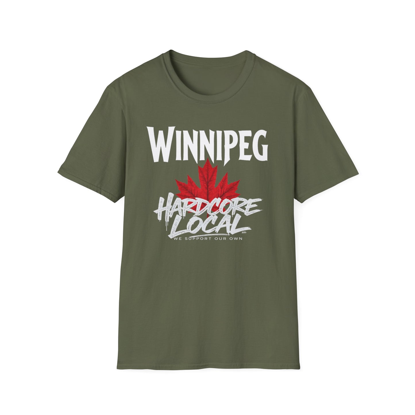 Winnipeg Hardcore We Support Our Own Red Leaf T-Shirt, c09-n00-s006 Softstyle Graphic Tee, Unisex Casual Wear, Support'n Locals Merch, Gift for Community Lovers.