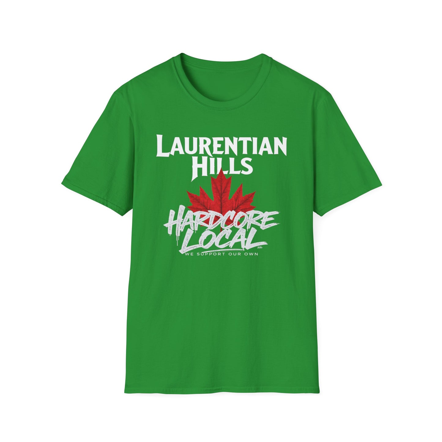 Laurentian Hills Hardcore We Support Our Own Red Leaf T-Shirt, c03-n06-s006 Softstyle Graphic Tee, Unisex Casual Wear, Support'n Locals Merch, Gift for Community Lovers.
