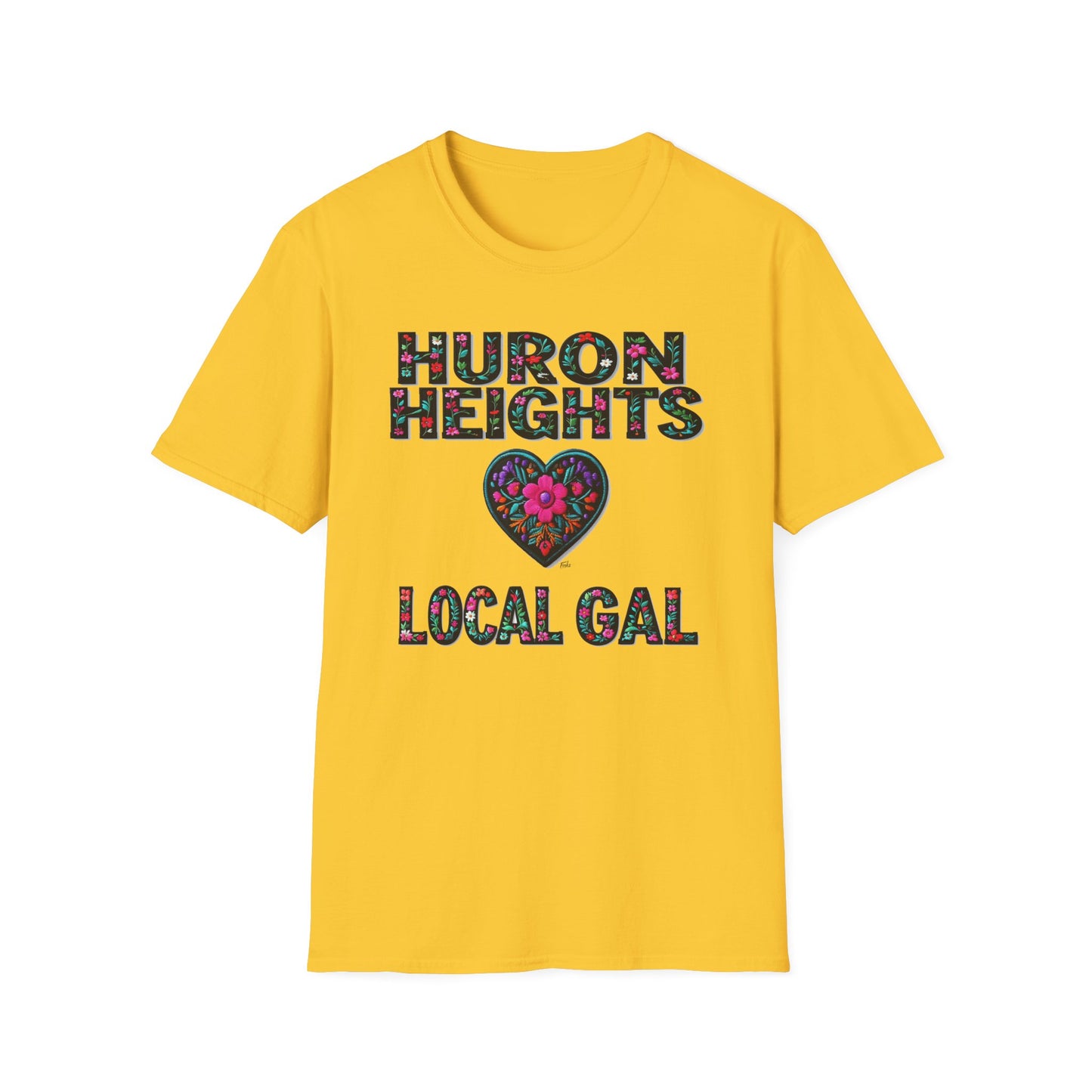 Huron Heights Local Gal Flower-Heart T-Shirt, c02-n01-s005 Softstyle Graphic Tee, Unisex Casual Wear, Support Local Merch, Gift for Community Lovers, Finkz WINDSOR