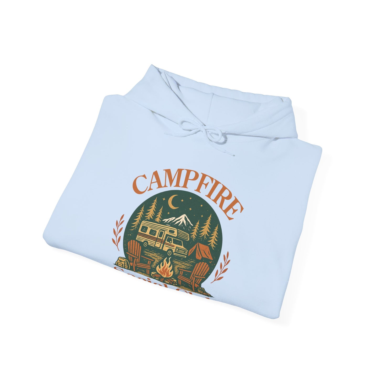 Campfire Social Club Hoodie | HappyCamperCrew.Com 100% Authentic | Cozy Camping Hoodie | Unisex Hooded Sweatshirt for Nature Lovers, Casual Wear, Gift for Him/Her, Outdoor Adventures, Cozy Days & Warm Nights By The Campfire
