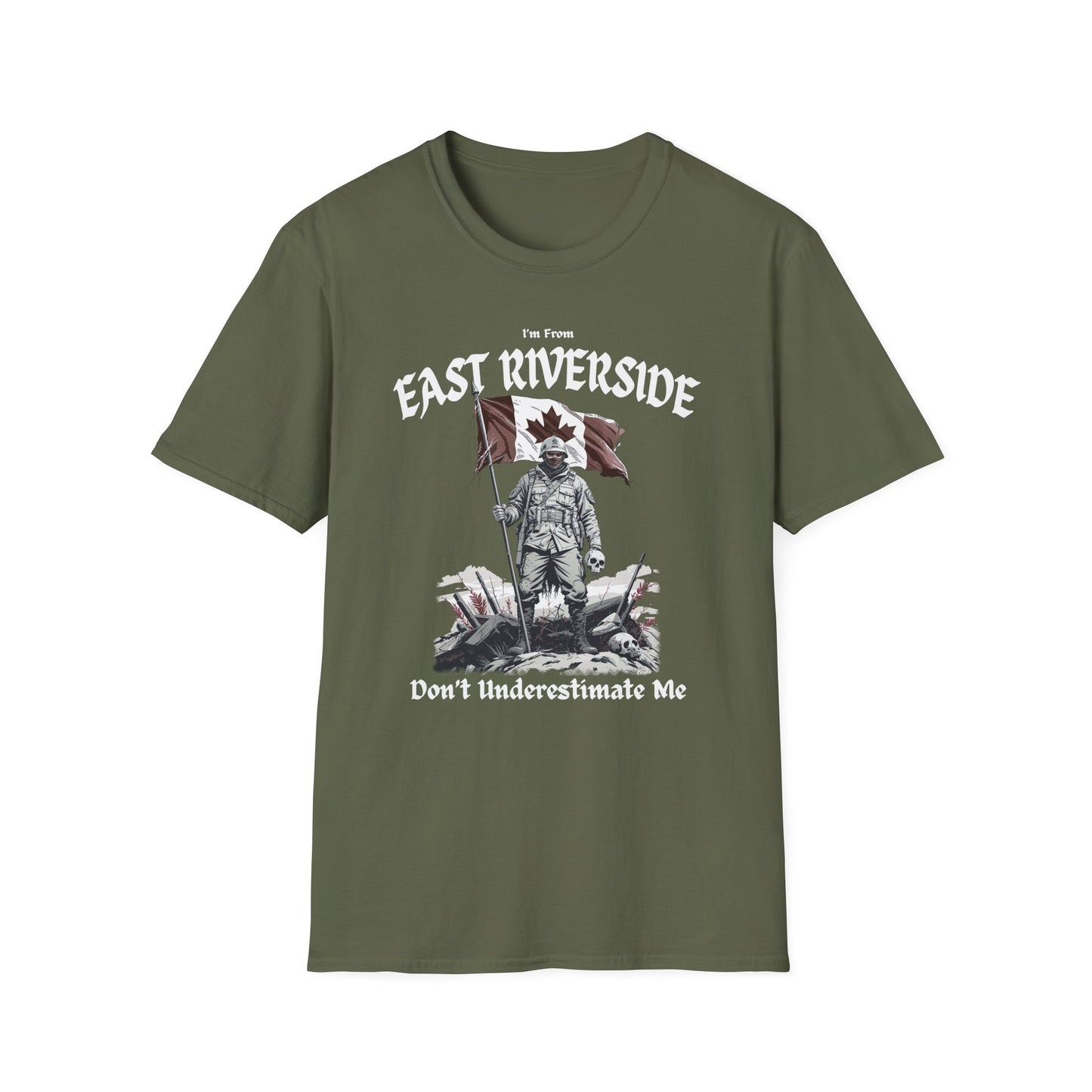 East Riverside Underestimate Guy T-Shirt, c01-n06-s002 Softstyle Graphic Tee, Unisex Casual Wear, Support'n Locals Merch, Gift for Community Lovers.