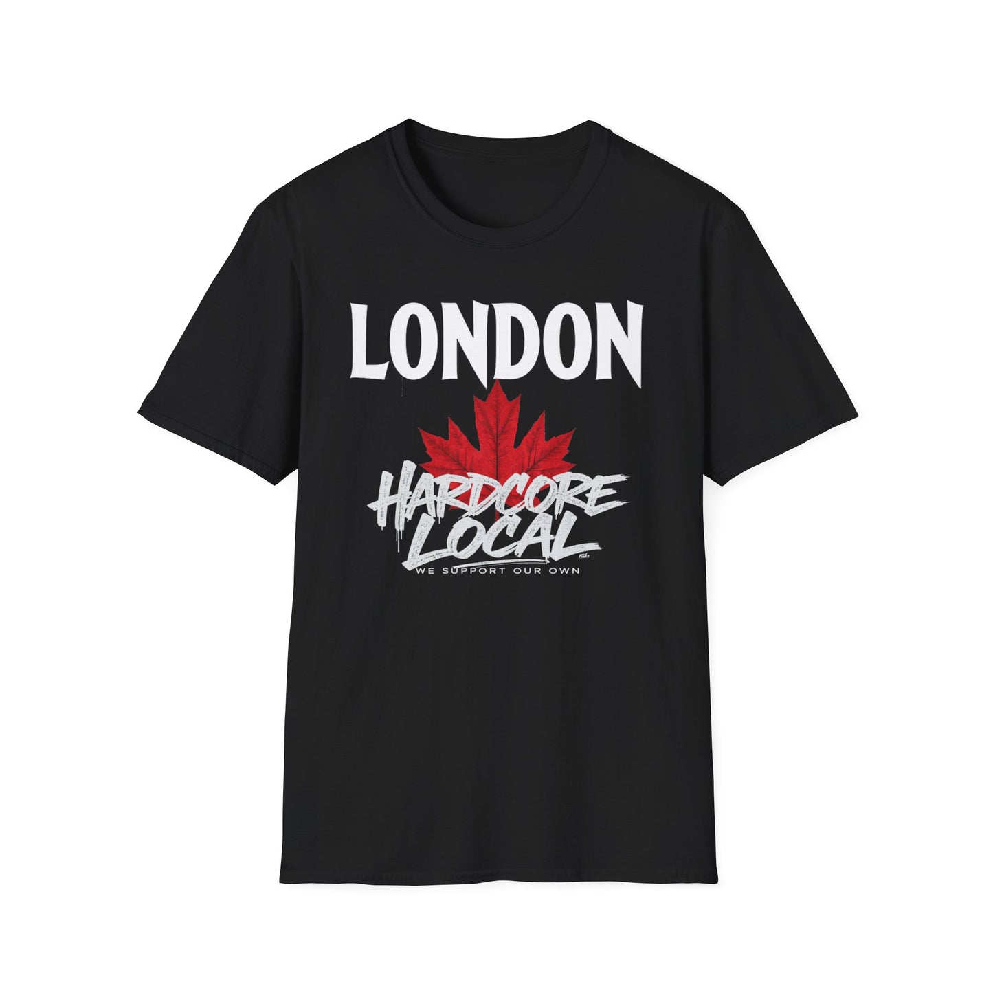 London Hardcore We Support Our Own Red Leaf T-Shirt, c02-n00-s006 Softstyle Graphic Tee, Unisex Casual Wear, Support'n Locals Merch, Gift for Community Lovers.